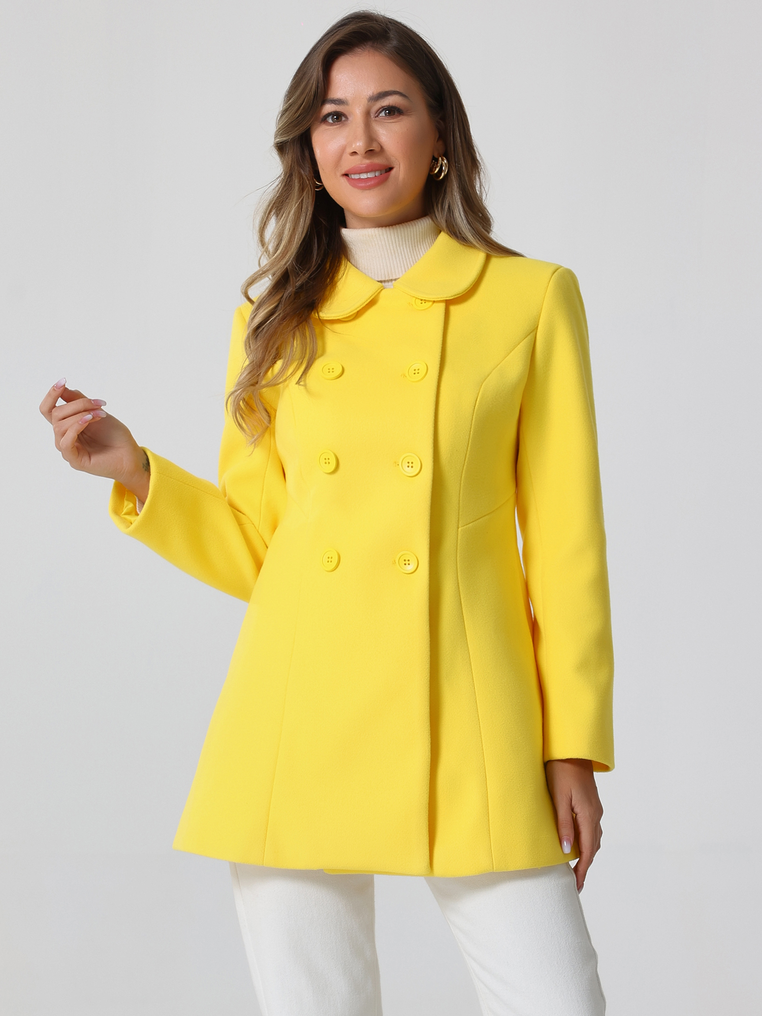Double Breasted Peter Pan Collar Long Trench Pea Coat Yellow/XL