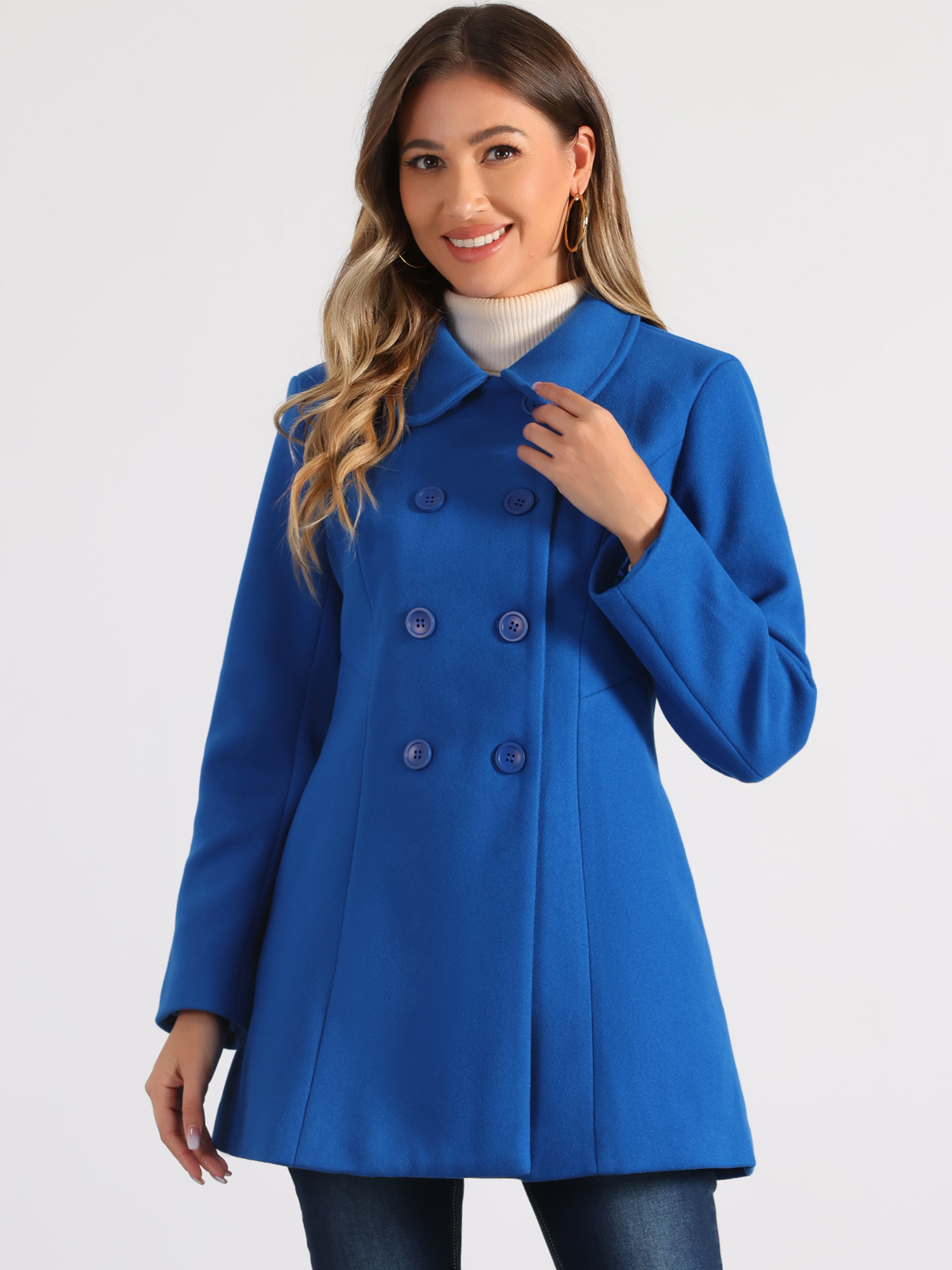 Double Breasted Peter Pan Collar Long Trench Pea Coat Indigo Blue/M