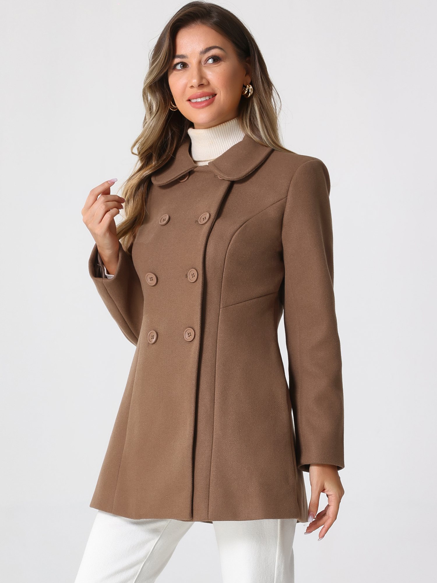 Double Breasted Peter Pan Collar Long Trench Pea Coat Coffee/S
