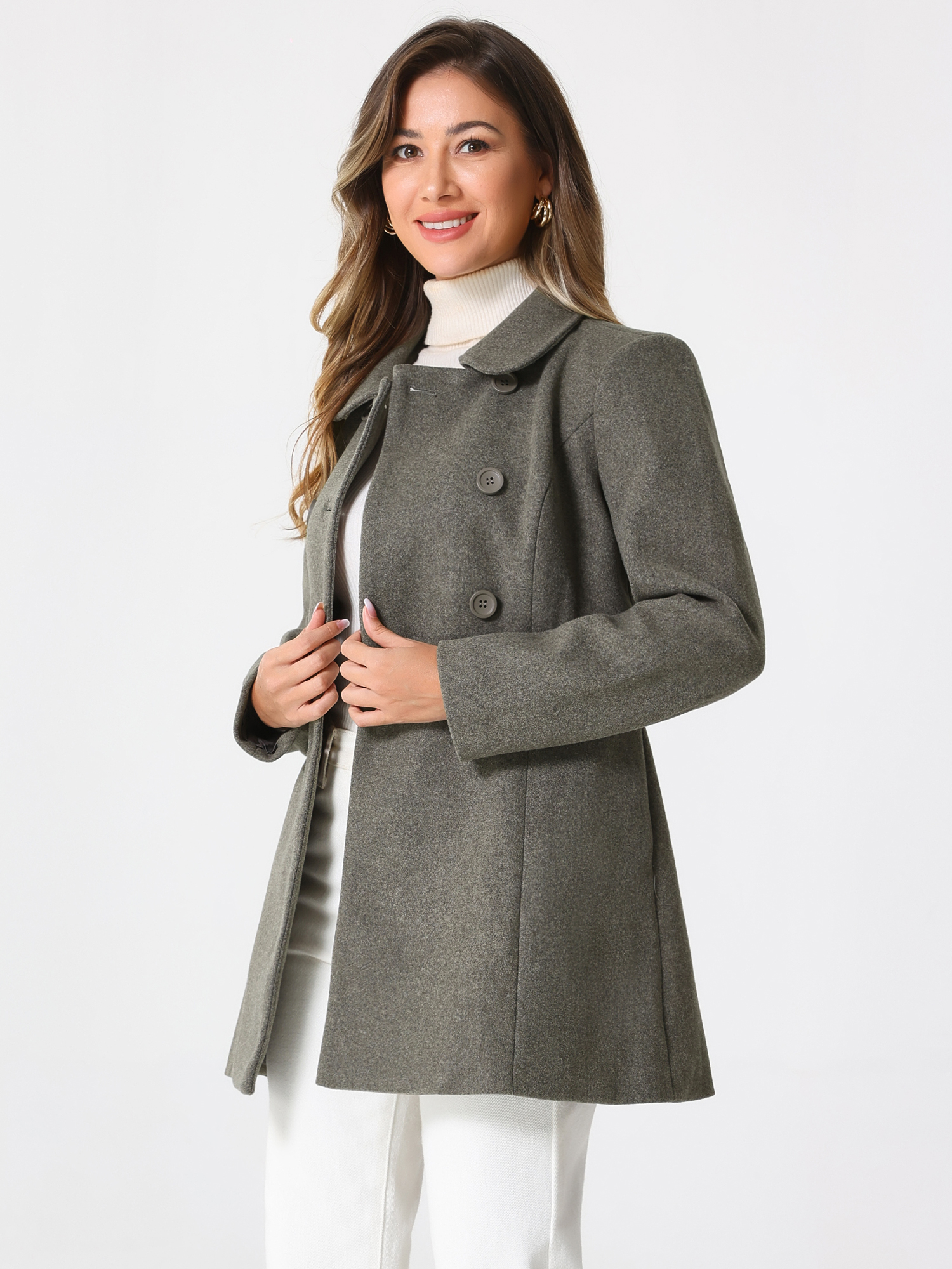 Double Breasted Peter Pan Collar Long Trench Pea Coat Dusty Dark Grey/XS