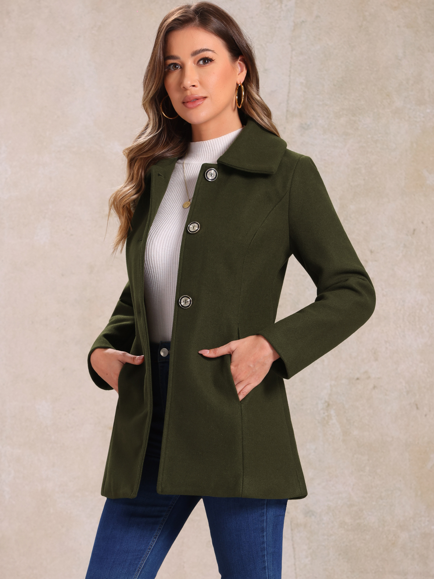 Turn Down Collar Overcoat A-Line Single Breasted Winter Coat Army Green/L