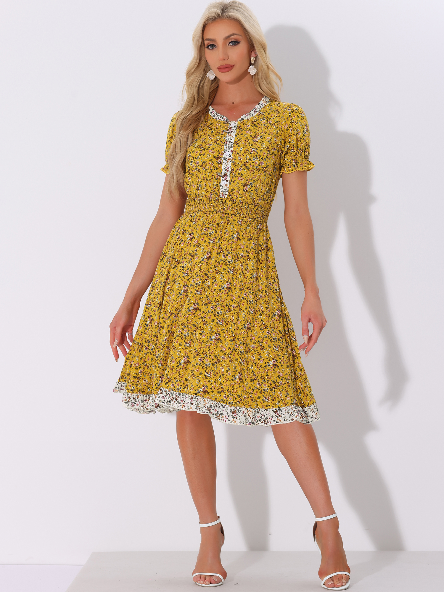 Floral Ruffle Neck Smocked Waist Short Sleeve Midi Dress Yellow/XS
