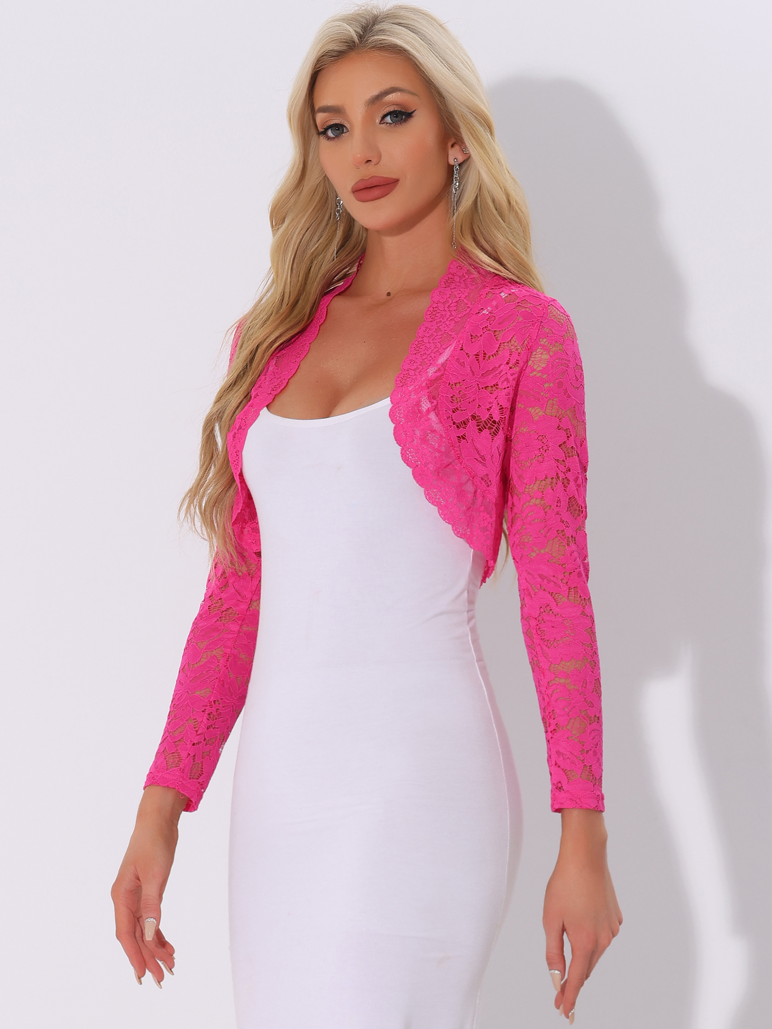 Elegant Sheer Floral Lace Cropped Bolero Shrugs Hot Pink/XS