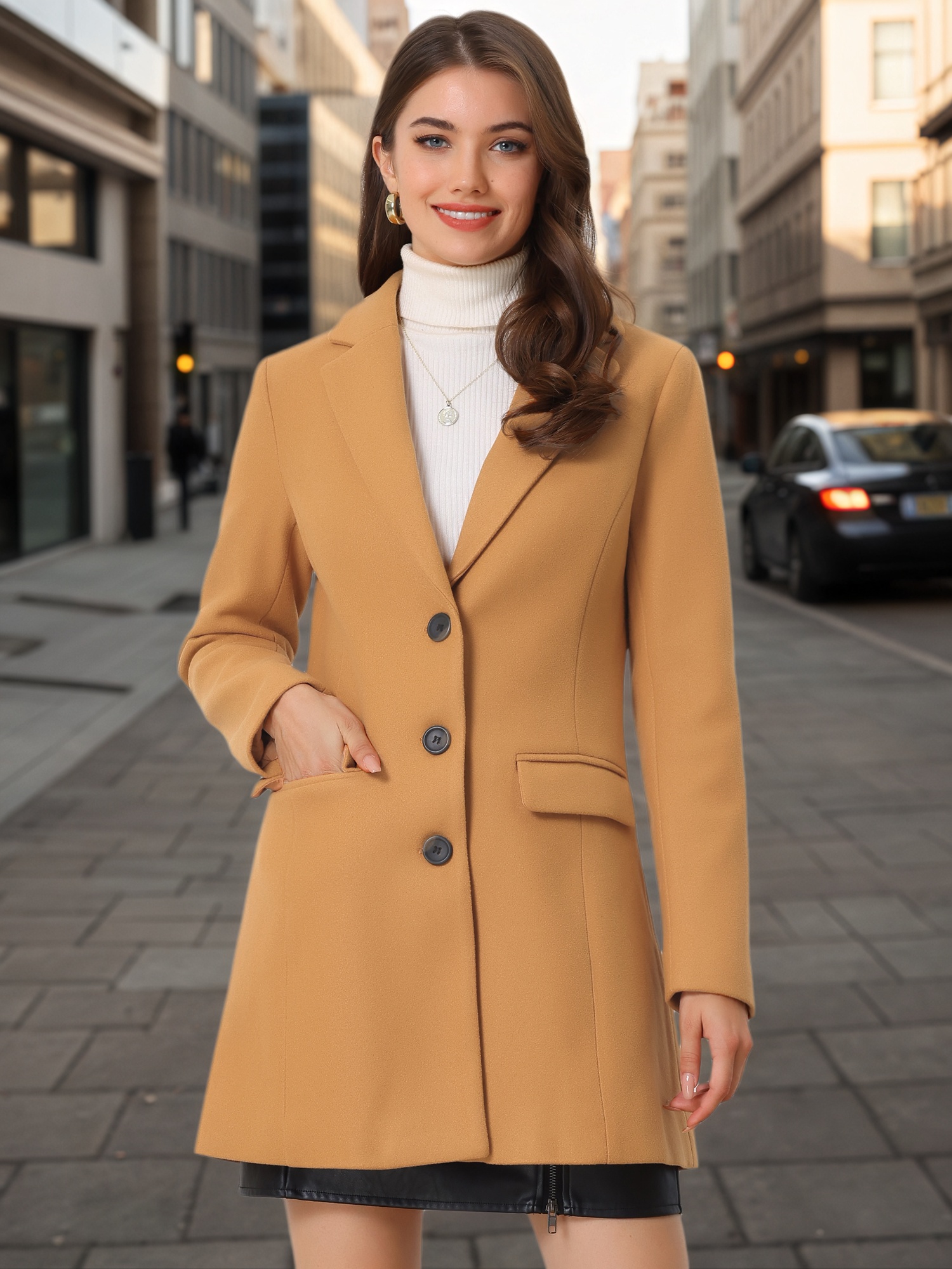 Notched Lapel Single Breasted Winter Outwear Long Coat Dark Khaki/2XL