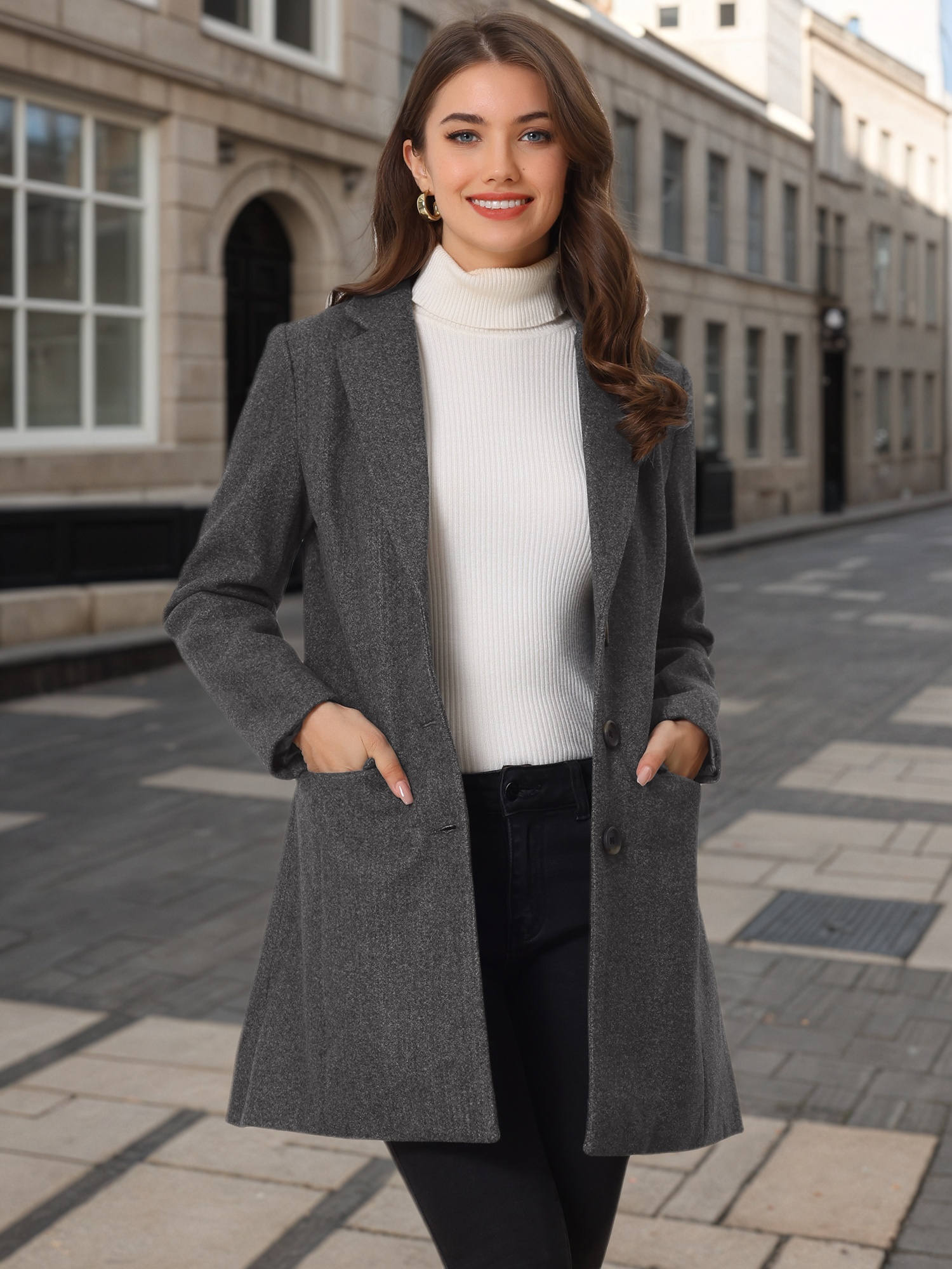 Notched Lapel Single Breasted Winter Outwear Long Coat Dark Grey/3XL