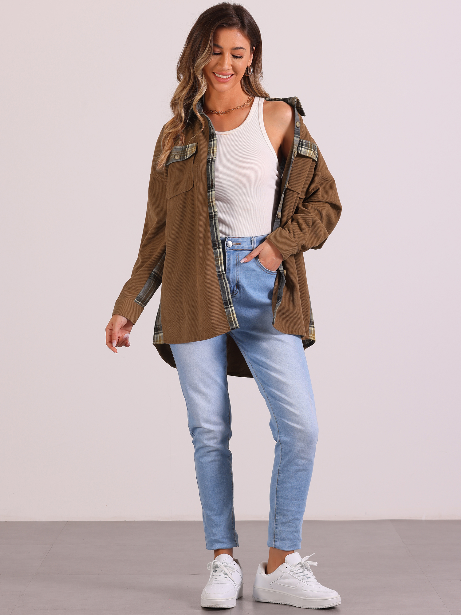 Plaid Patchwork Long Sleeve Casual Waffle Shacket Shirt Dark Brown/S