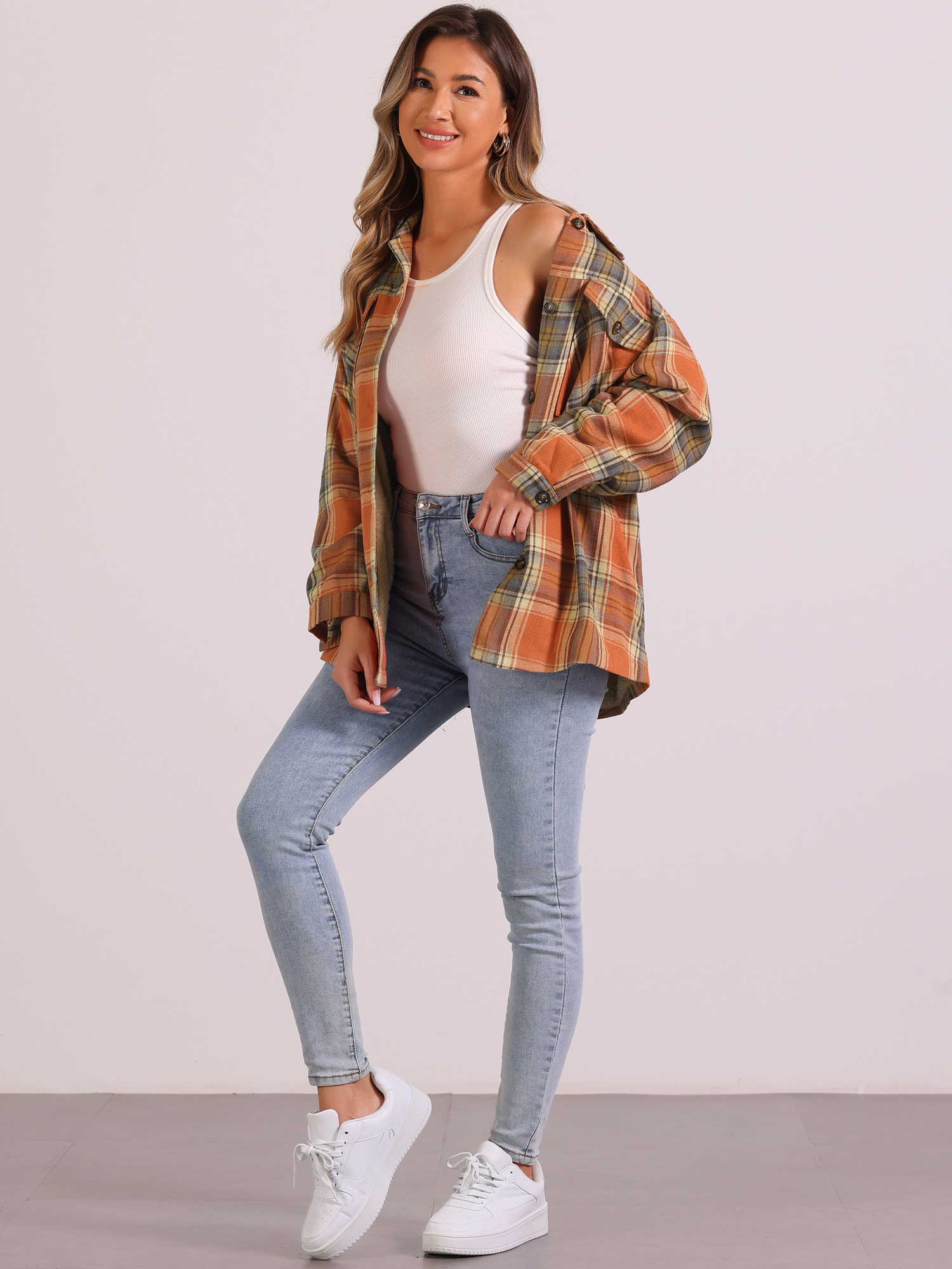 Casual Drop Shoulder Loose Plaid Shacket Shirt Orange/S