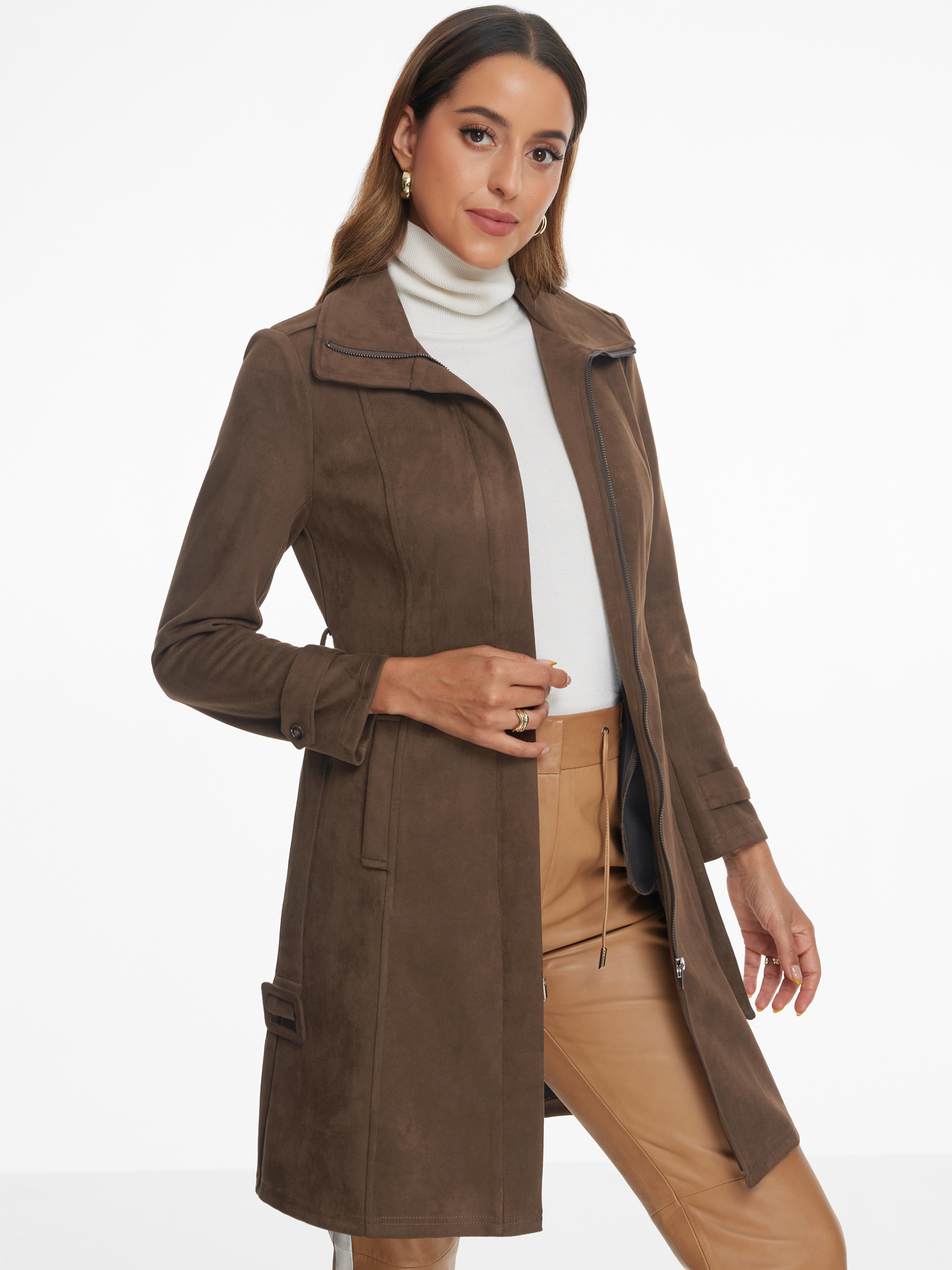 Faux Suede Belted Long Sleeves Zipper Collared Jacket Coffee/L
