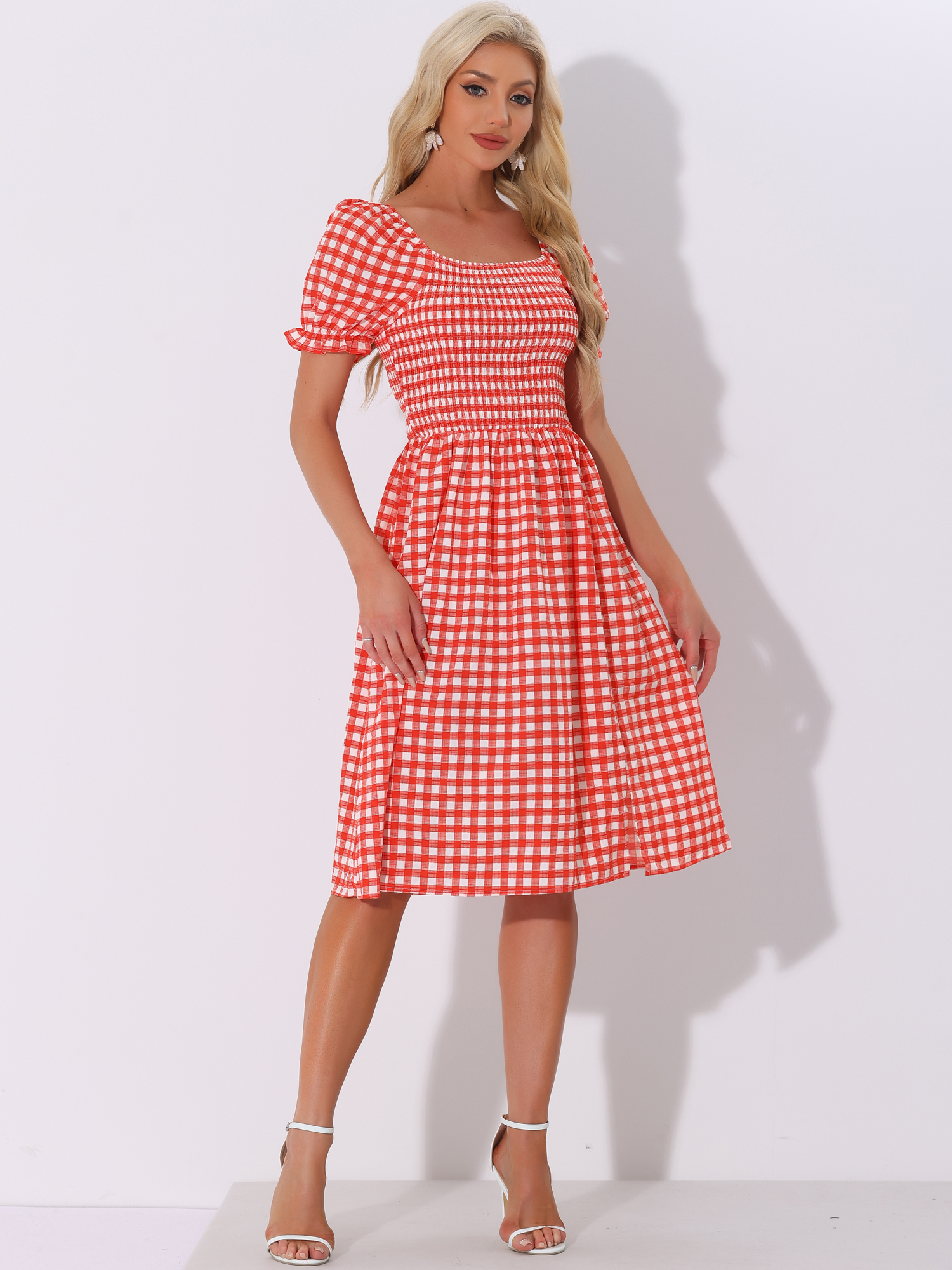 Smocked Gingham Square Neck Puff Sleeve Plaid Slit Midi Dress Red/L