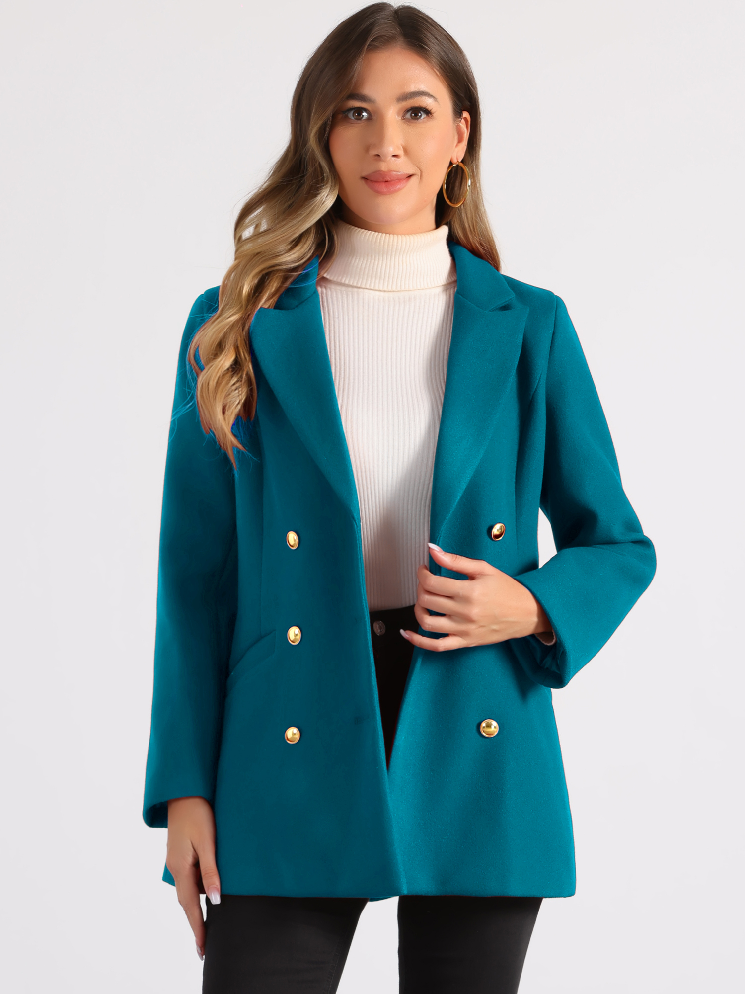 Double Breasted Coat Jacket Work Office Winter Lapel Blazer Dark Lake Blue/XL