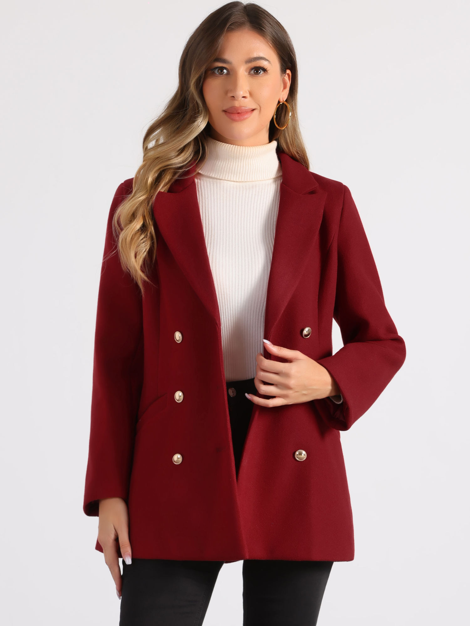 Double Breasted Coat Jacket Work Office Winter Lapel Blazer Dark Red/XL