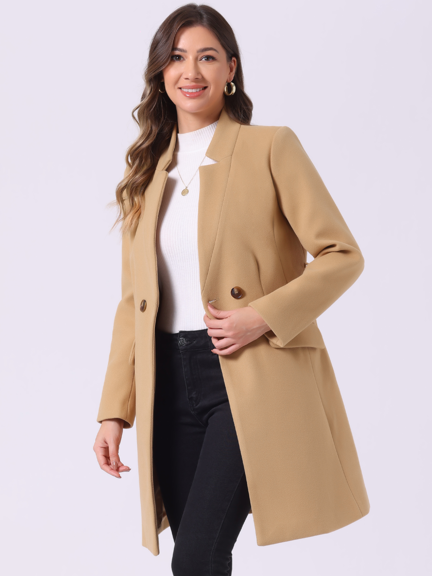 Belted Stand Collar Winter Fully Lined Belted Coats Khaki/XS