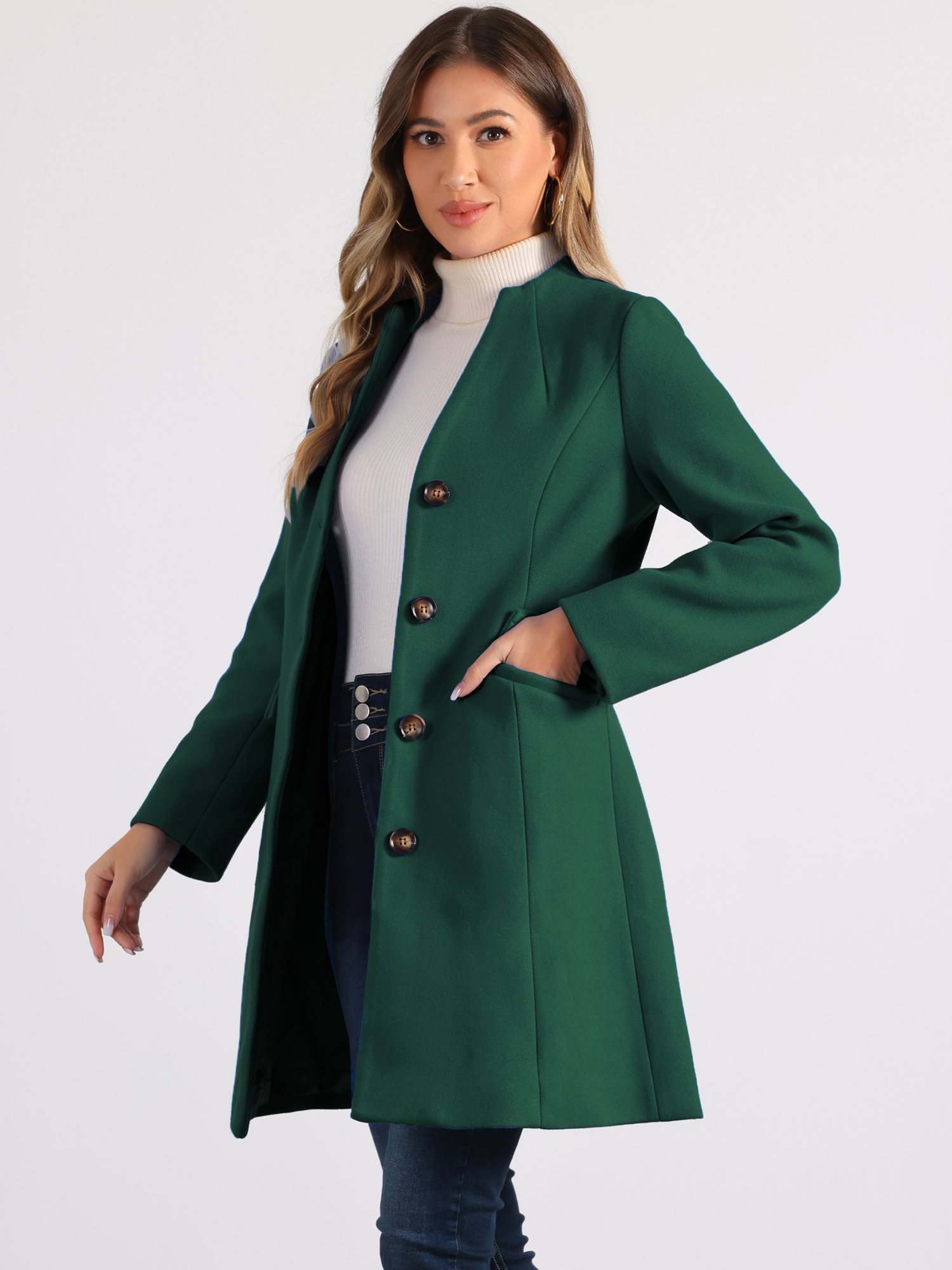 Elegant Winter Overcoat V Neck Single Breasted Long Coat Dark Green/XS
