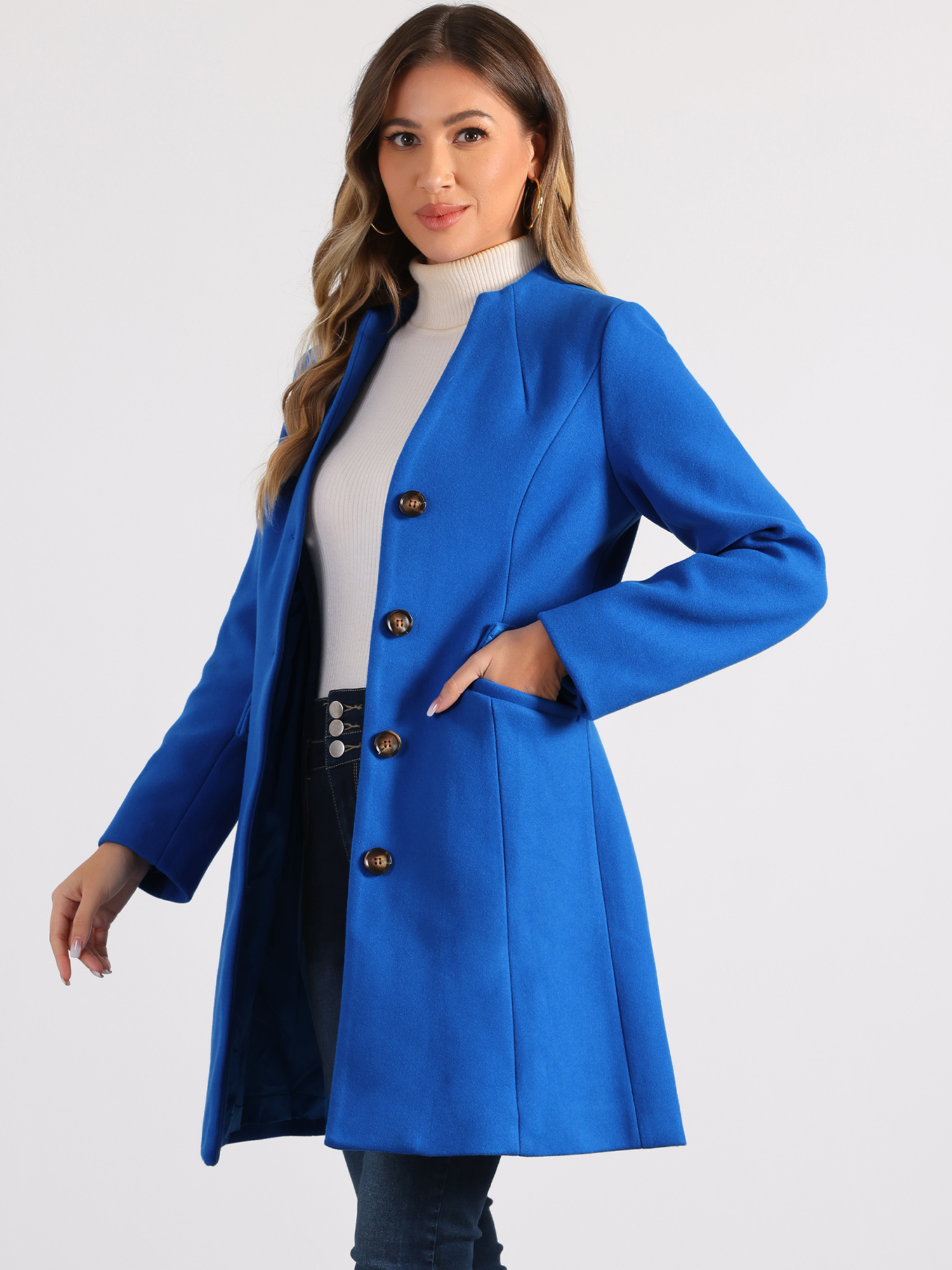 Elegant Winter Overcoat V Neck Single Breasted Long Coat Sea Blue/XS