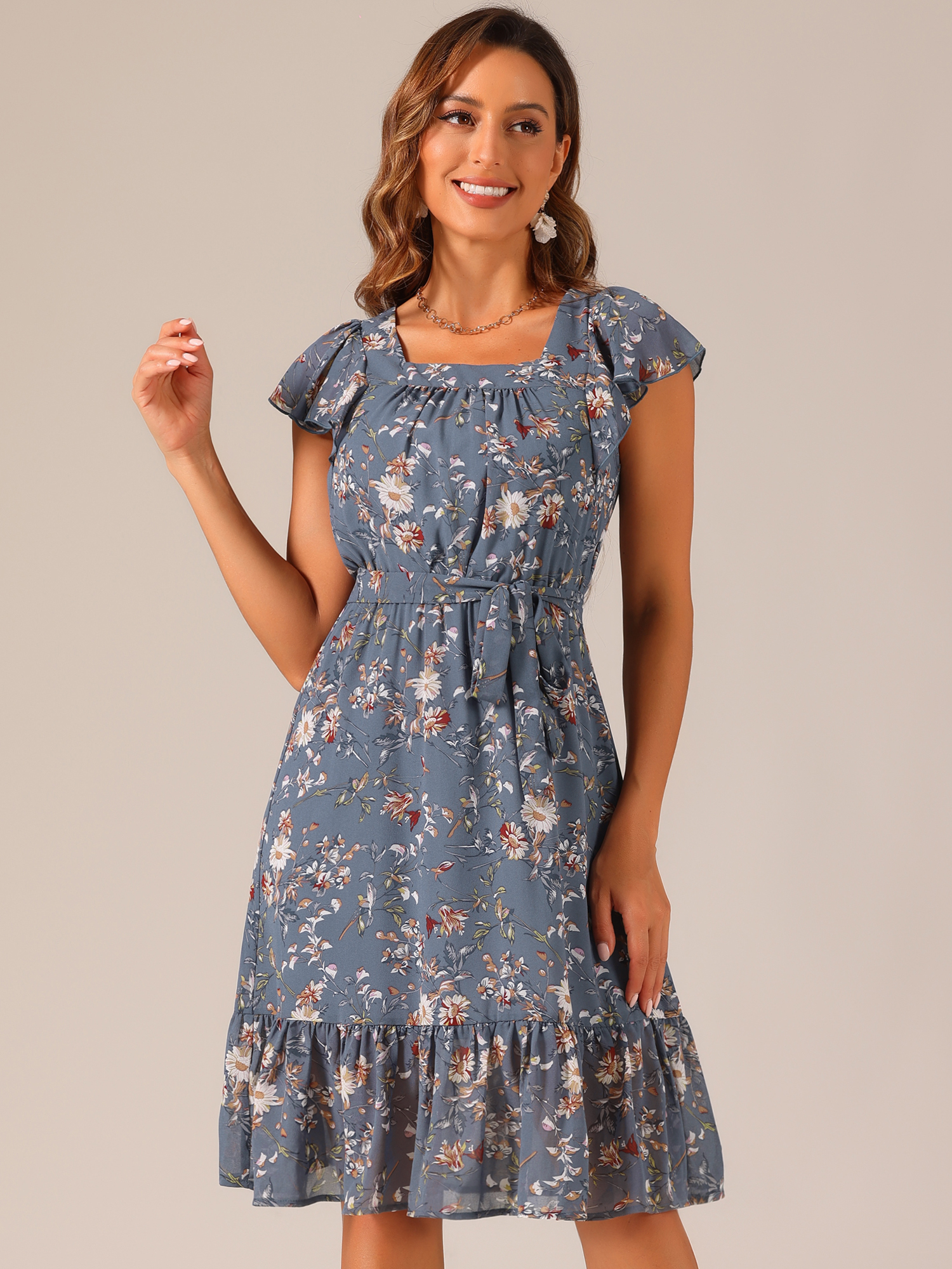 Floral Chiffon Flutter Sleeve Belted Square Neck Ruffled Hem Dress Dusty Blue/XL