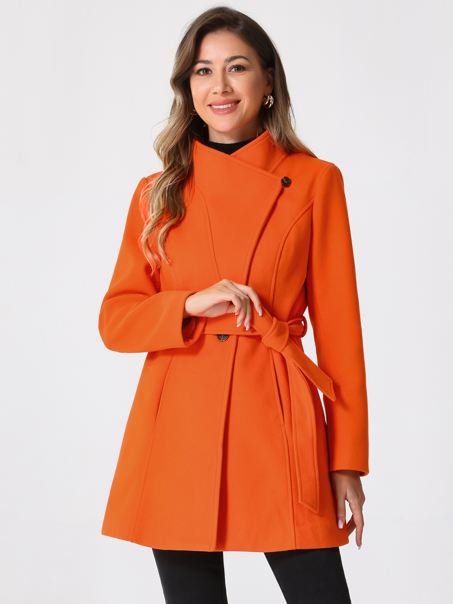 Classic Stand Collar Long Sleeve Winter Belted Coat Orange/S