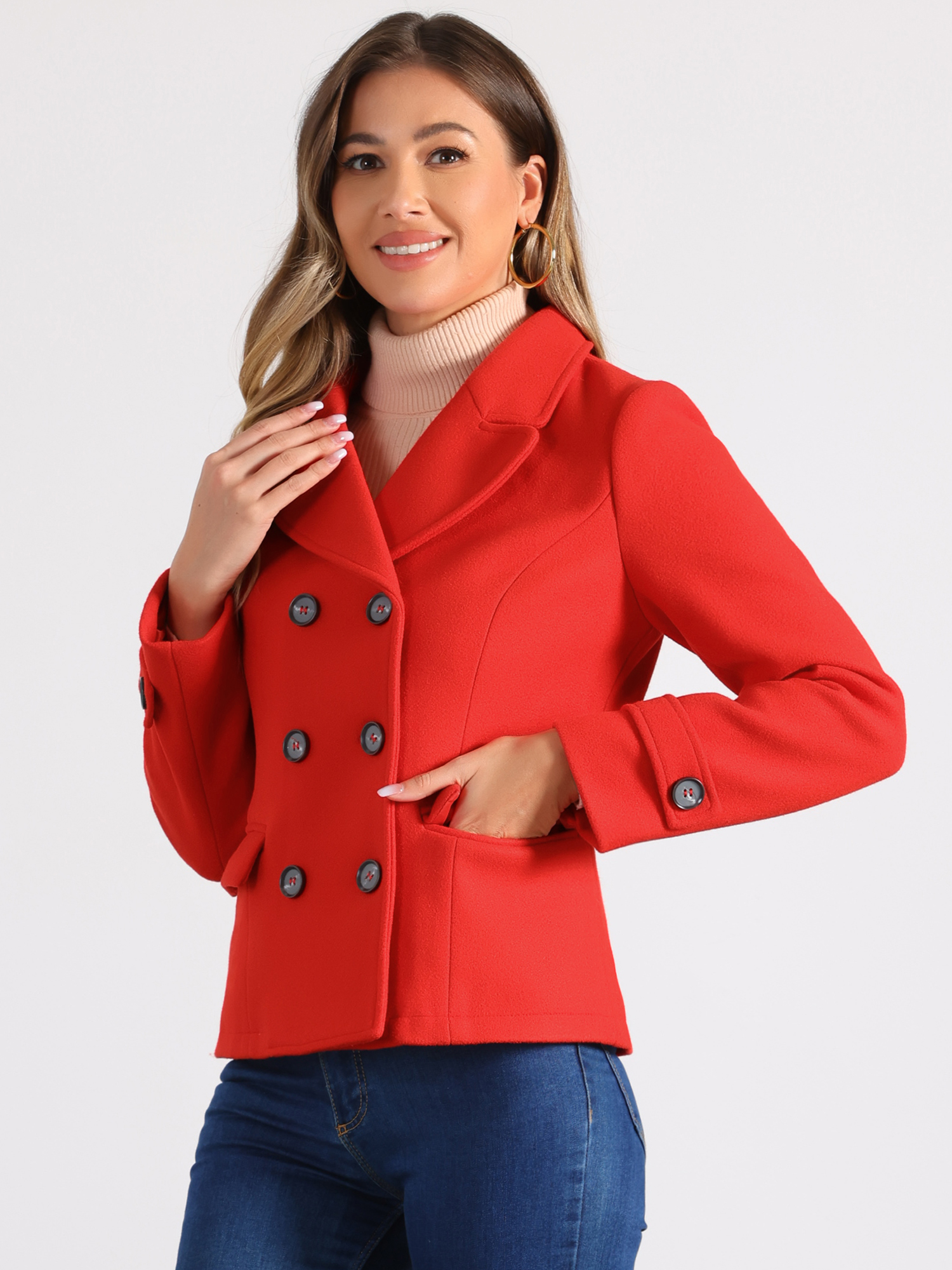 Winter Notched Lapel Double Breasted Short Pea Coat Red/M