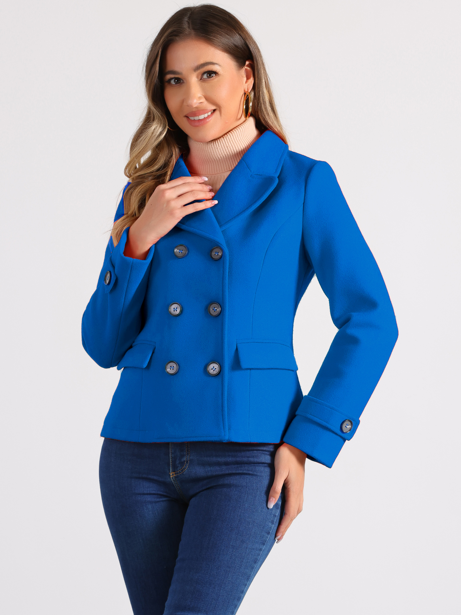 Winter Notched Lapel Double Breasted Short Pea Coat Royal Blue/XL