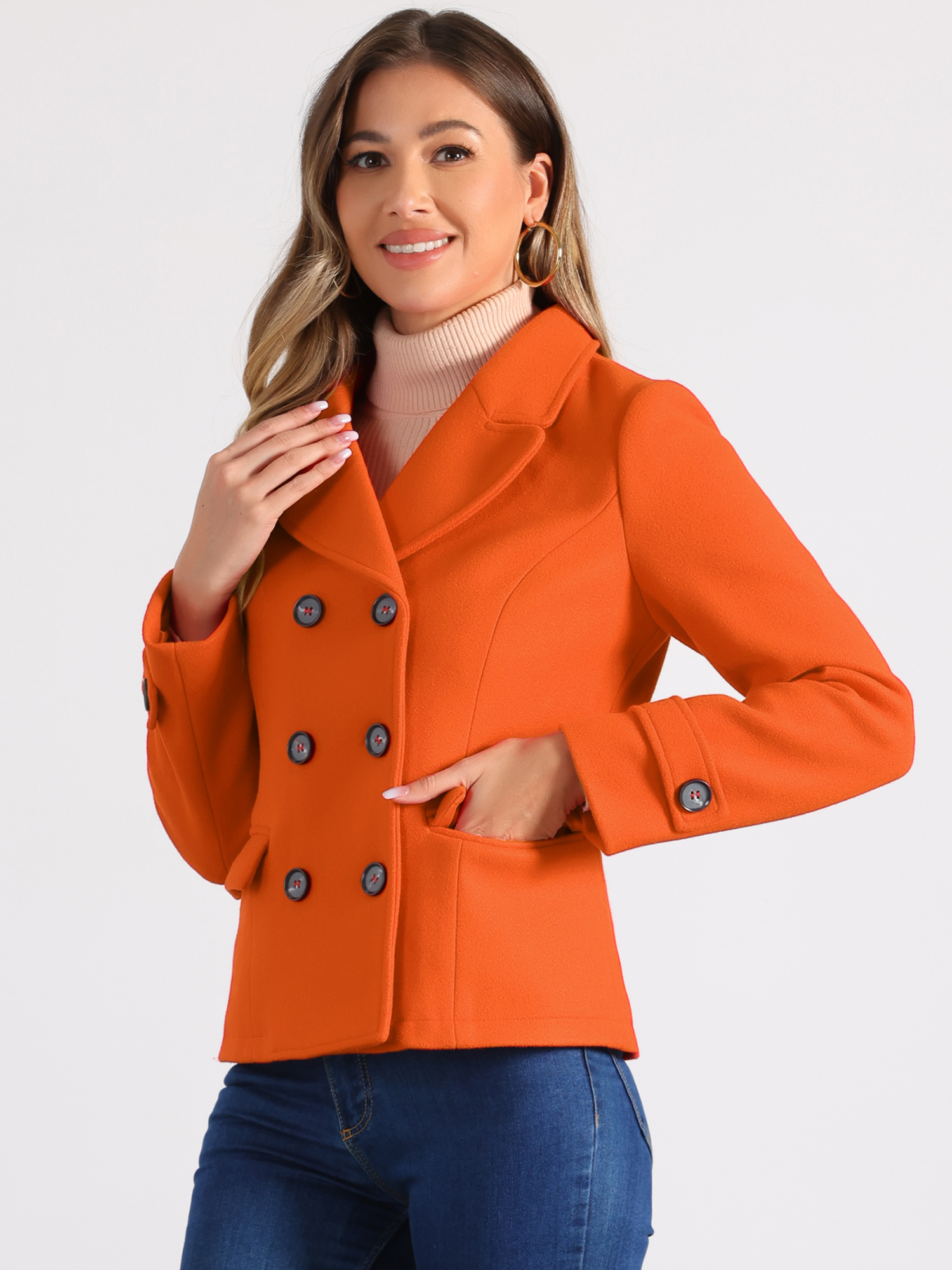Winter Notched Lapel Double Breasted Short Pea Coat Orange/XL