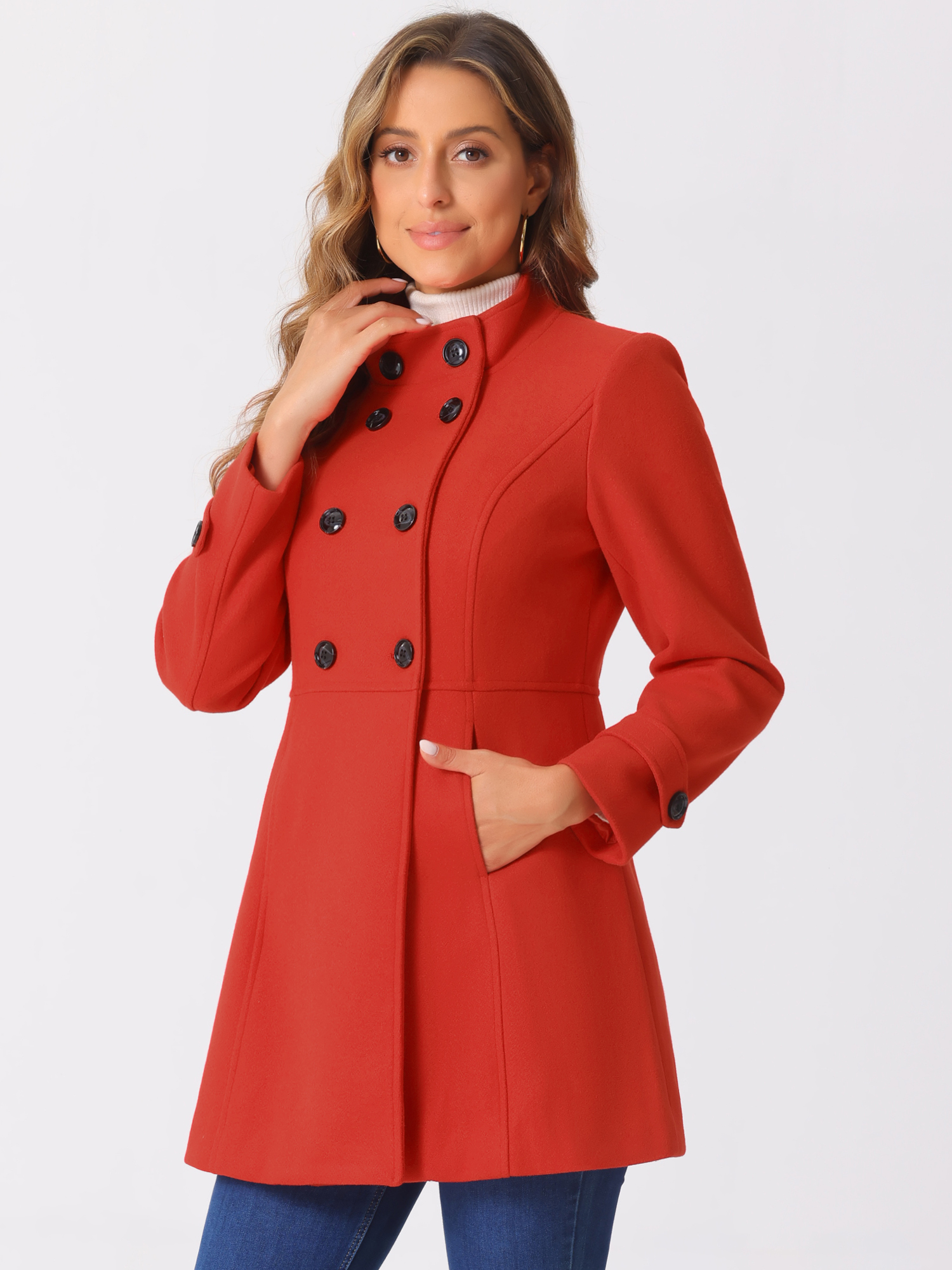Stand Collar Double Breasted Slant Pockets Winter Coat Red/XL