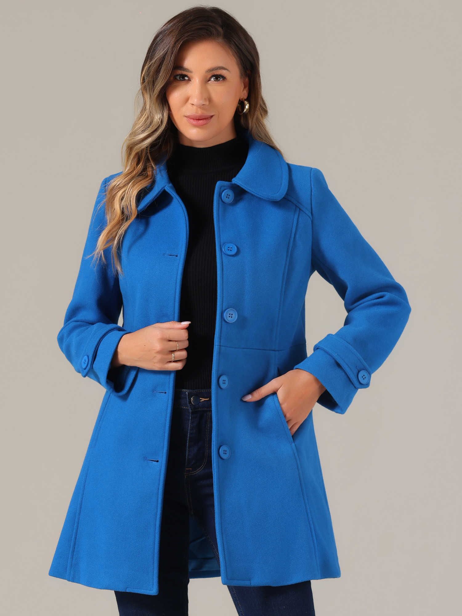 Peter Pan Collar Single Breasted Winter Outwear Buttoned Long Coat Royal Blue/S