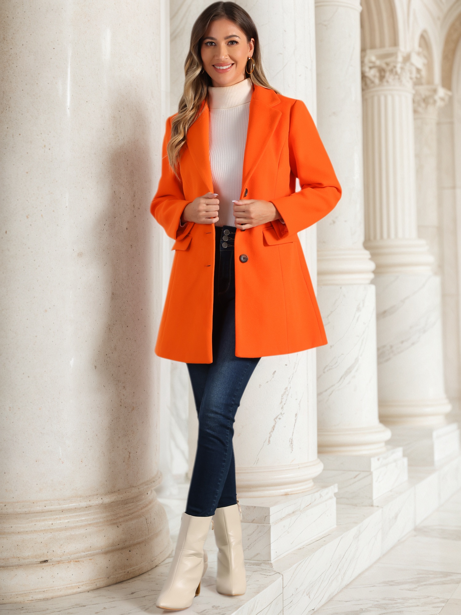 Notched Lapel Single Breasted Winter Outwear Long Coat Orange/XS