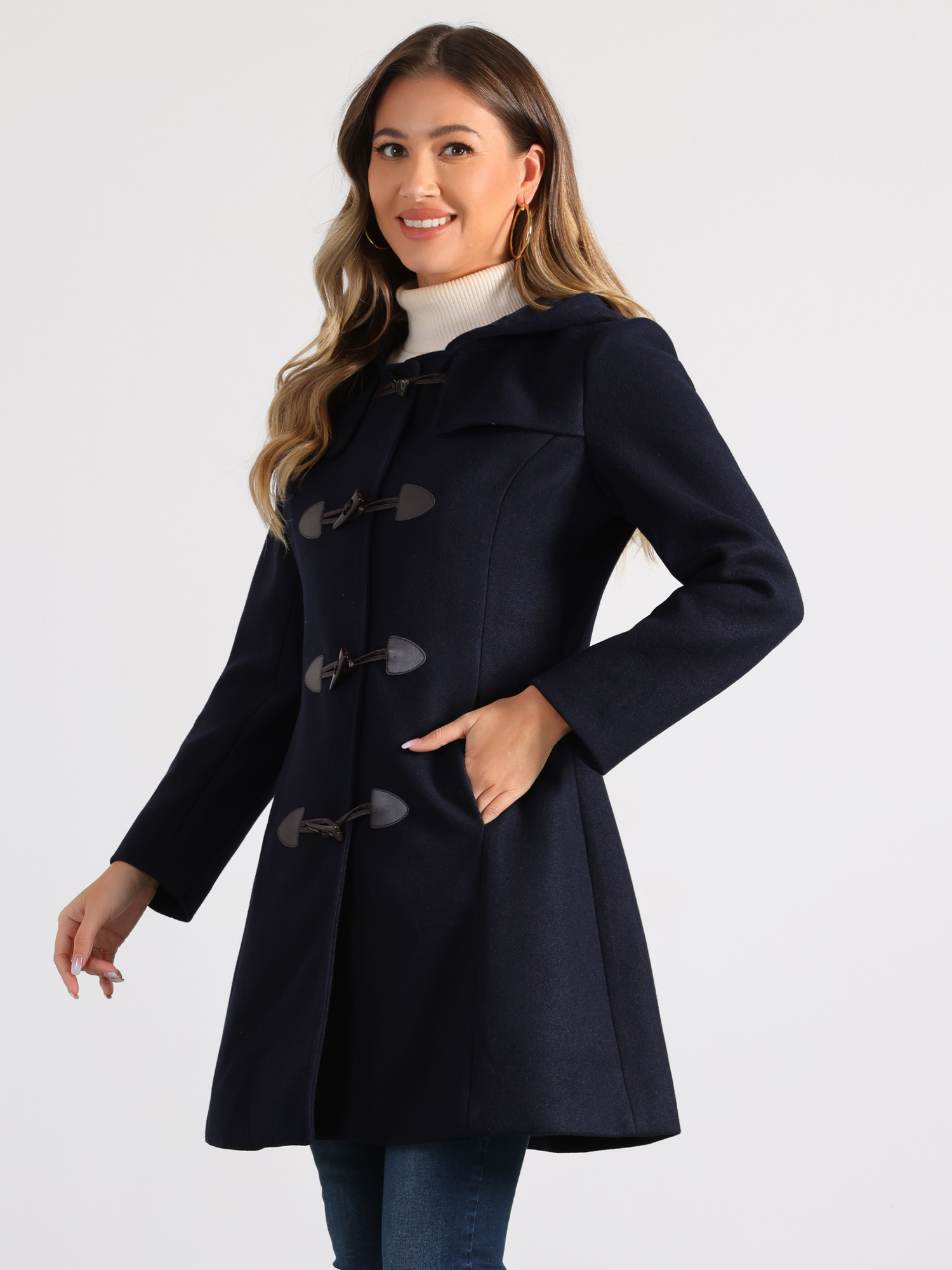 Hooded Toggle Button Up Duffle Coat Winter Outwear Dark Blue/M