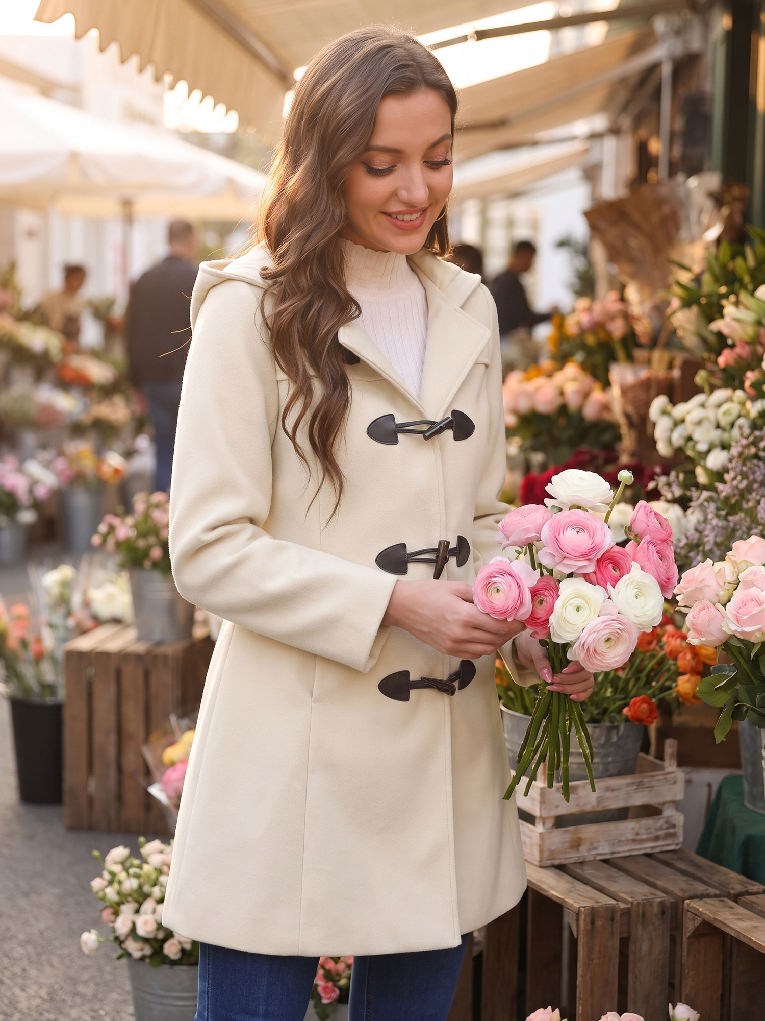 Hooded Toggle Button Up Duffle Coat Winter Outwear Beige/L