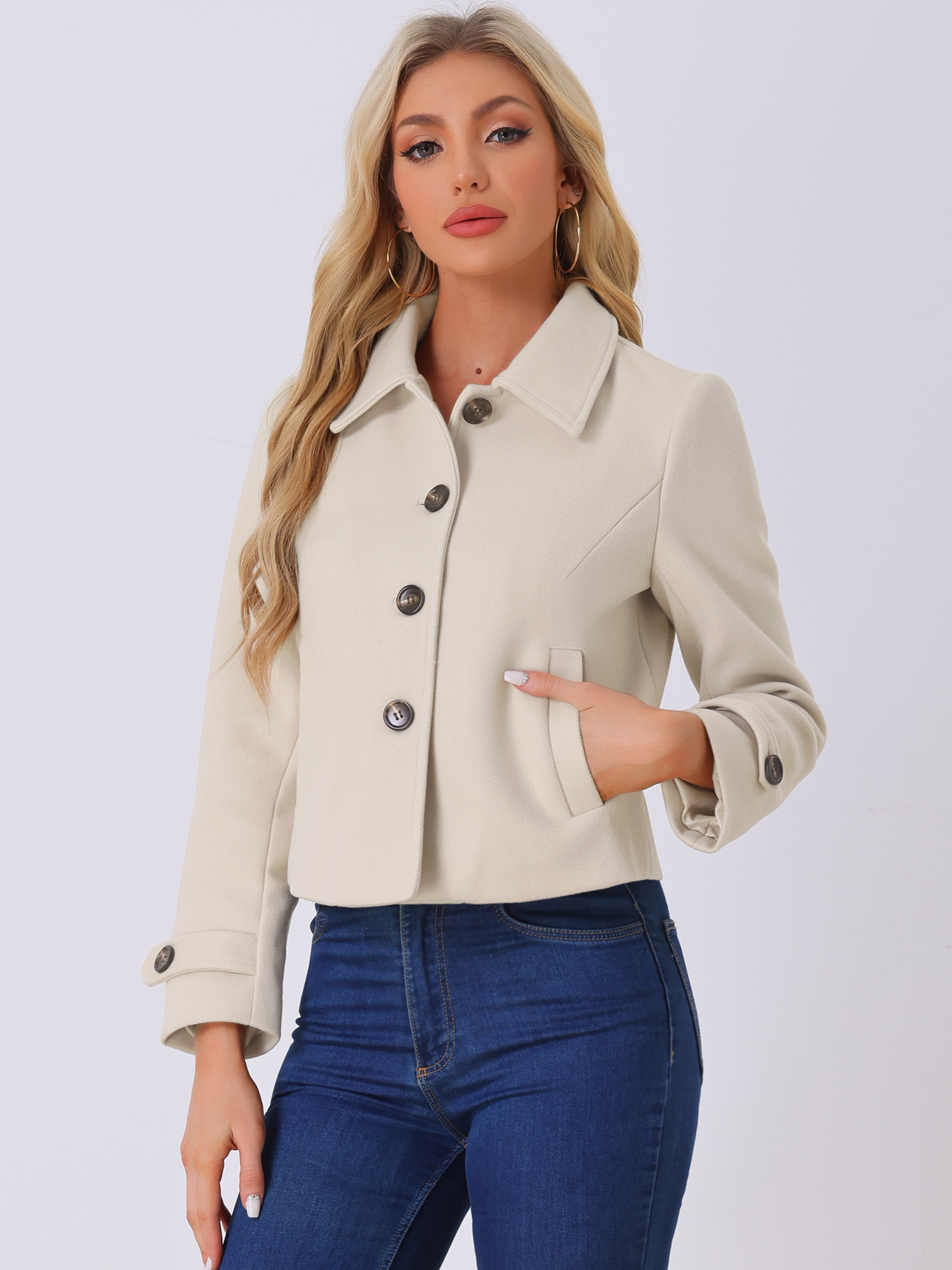Turn Down Collar Long Sleeve Single Breasted Outwear Winter Pea Coat Beige/S