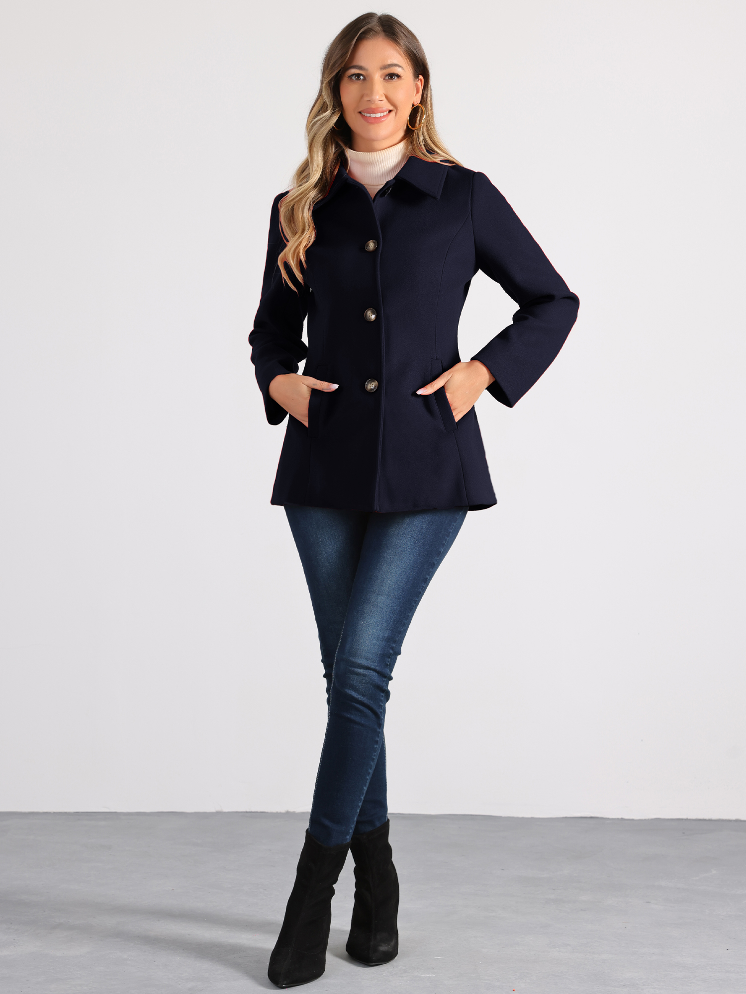 Work Office Winter Overcoat Single Breasted Point Collar Pea Coat Navy Blue/M