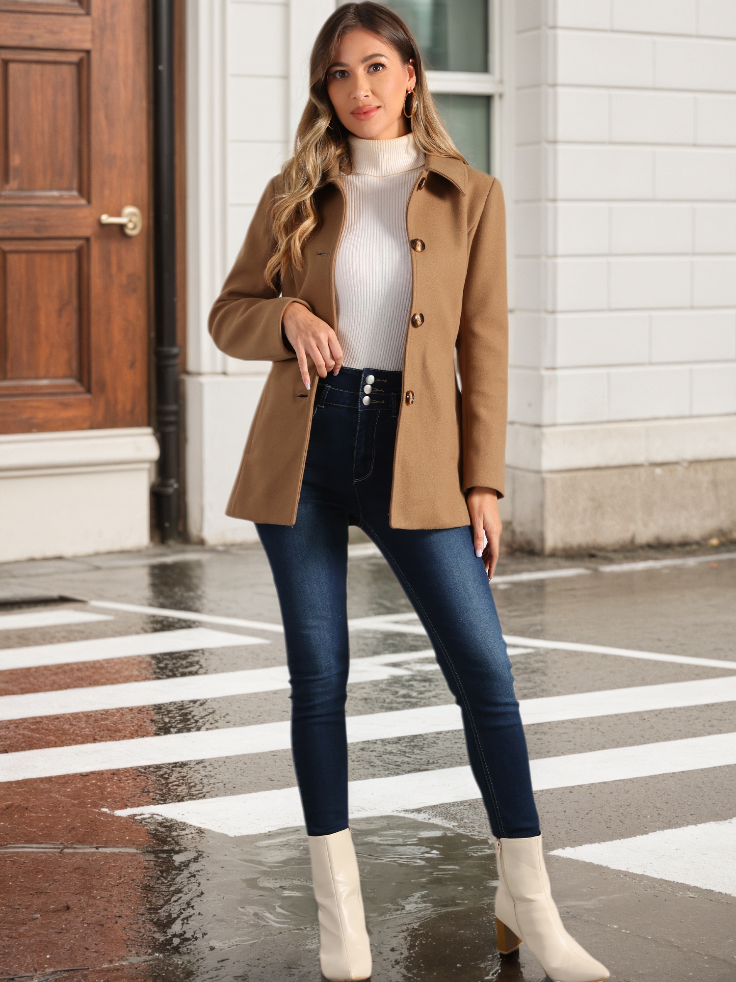 Work Office Winter Overcoat Single Breasted Point Collar Pea Coat Camel/L