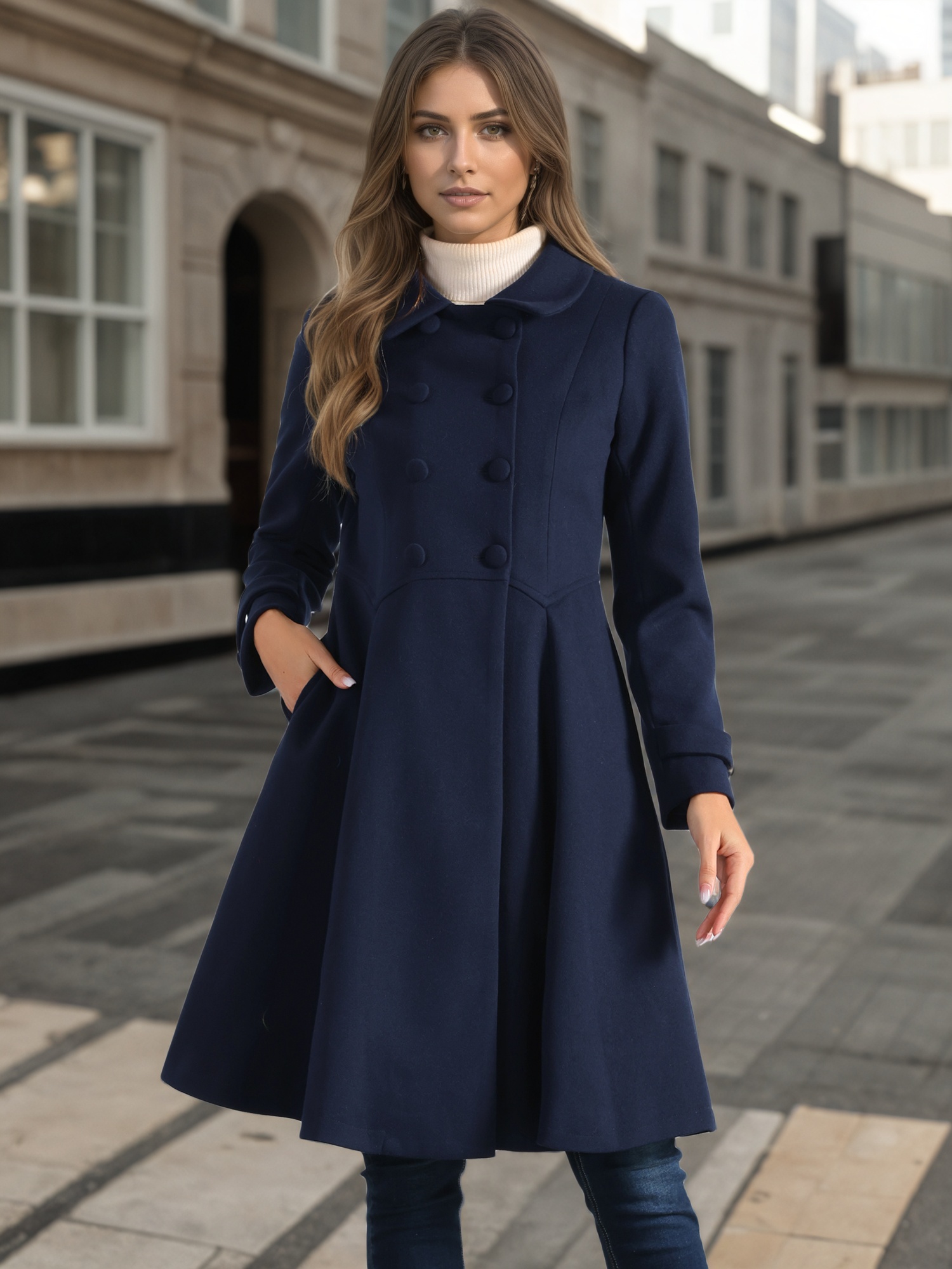 Winter Overcoat Collared A Line Double Breasted Long Coat Dark Blue/XS