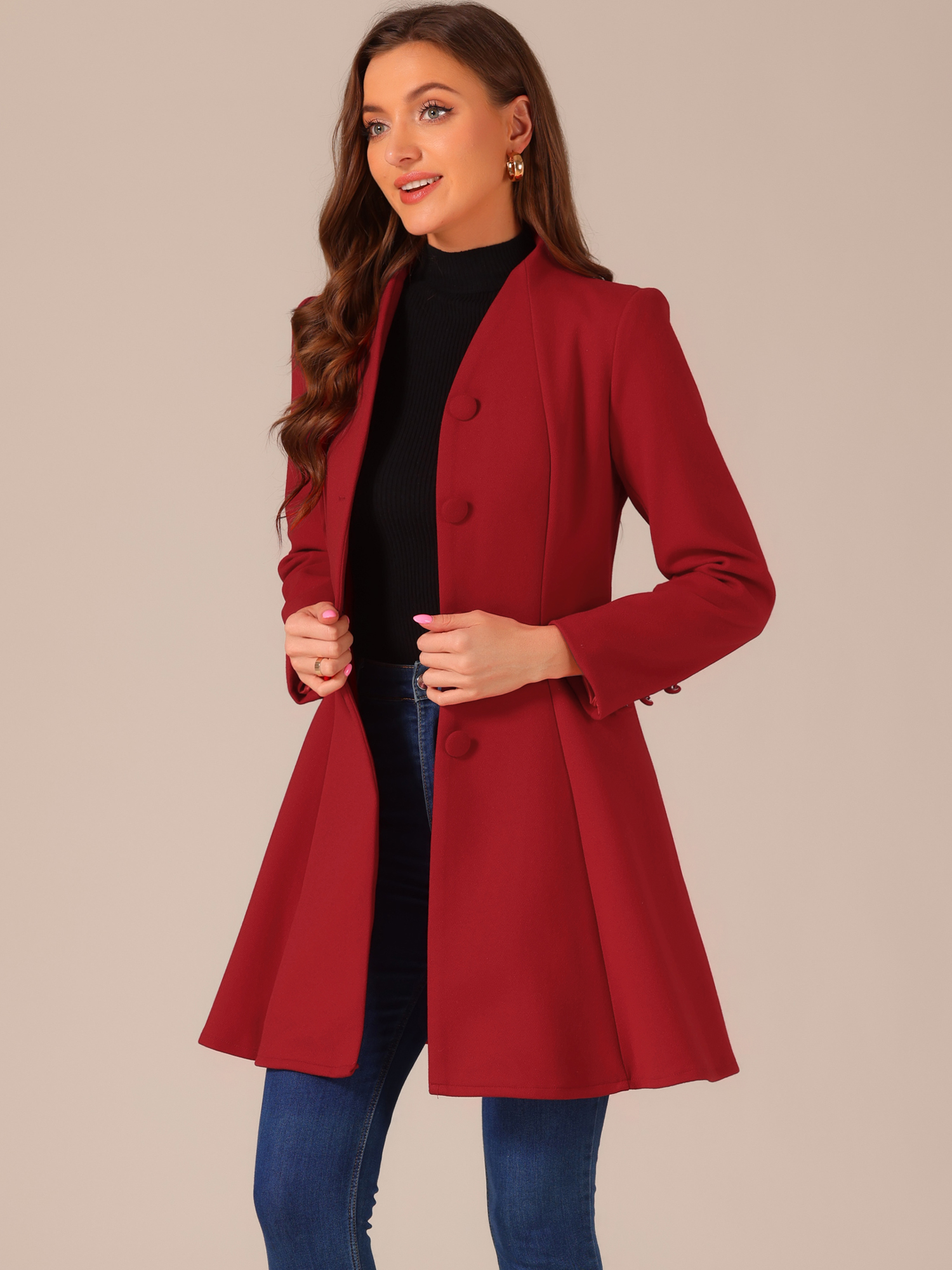 Single Breasted Long Sleeve Mid-Long Winter A Line Pea Coat Red/M