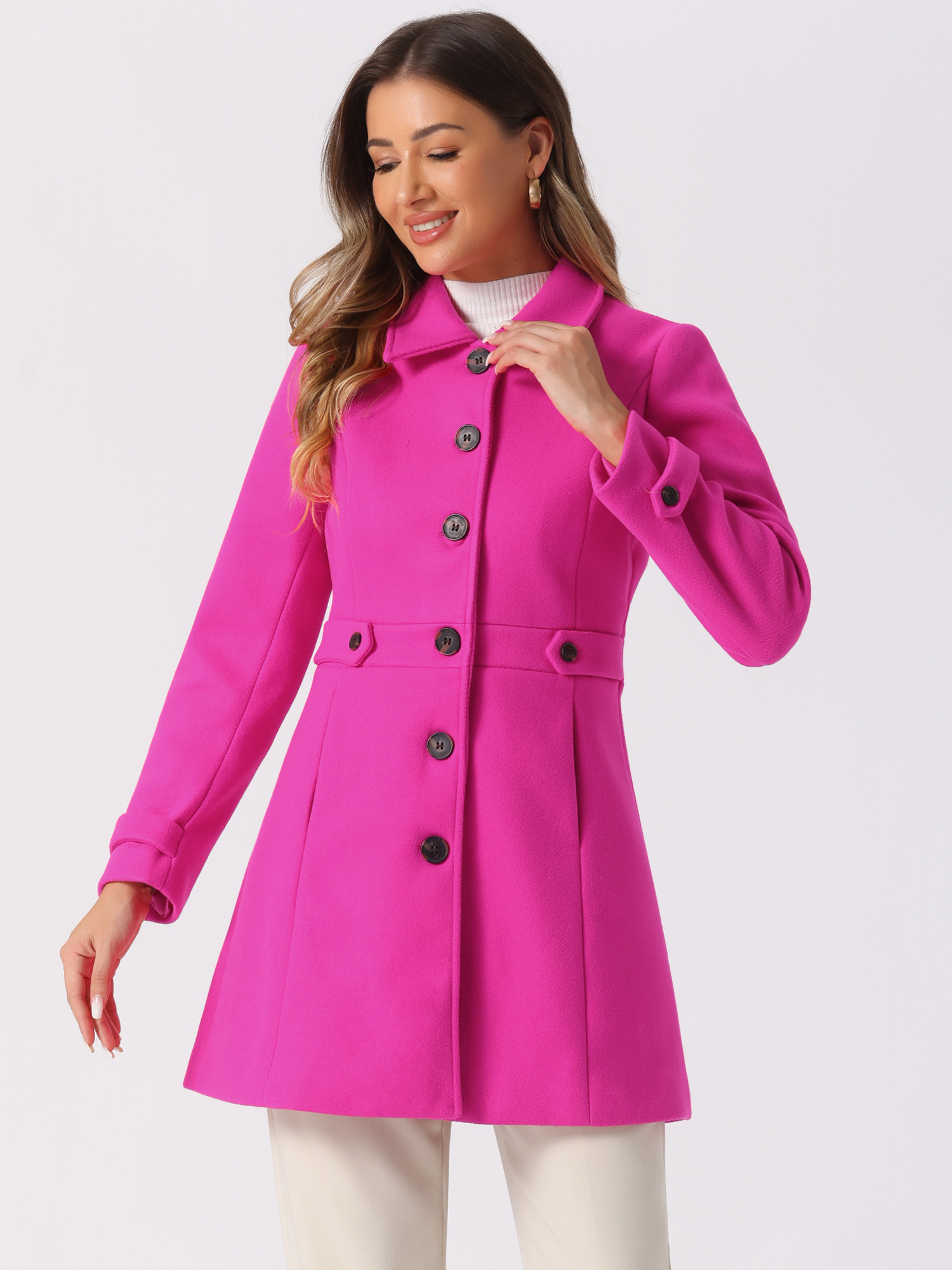 Classic Outwear Overcoat with Pockets Single Breasted Winter Coat Hot Pink/S