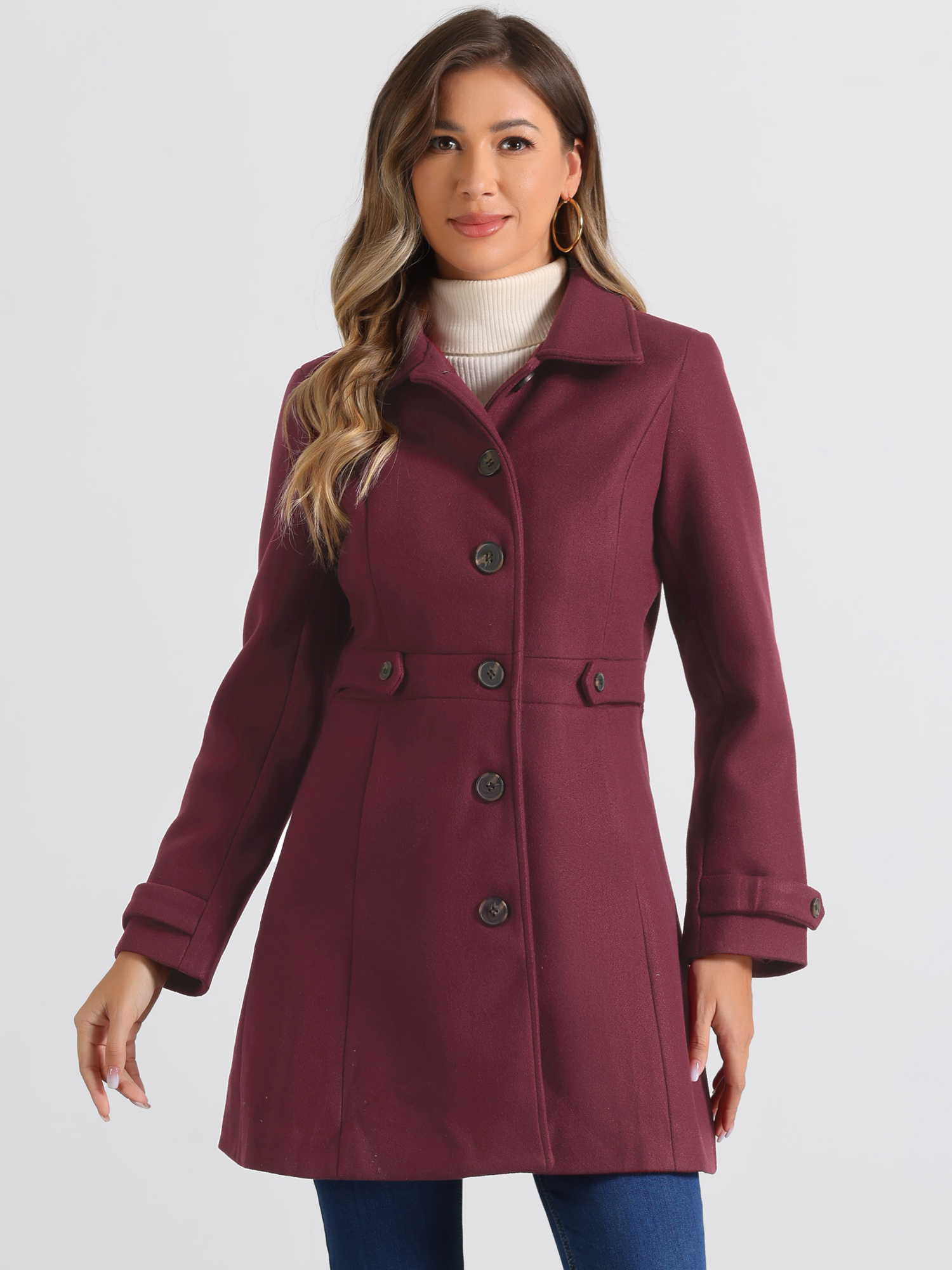 Winter Classic Outwear Overcoat with Pockets Single Breasted Coat Burgundy/M