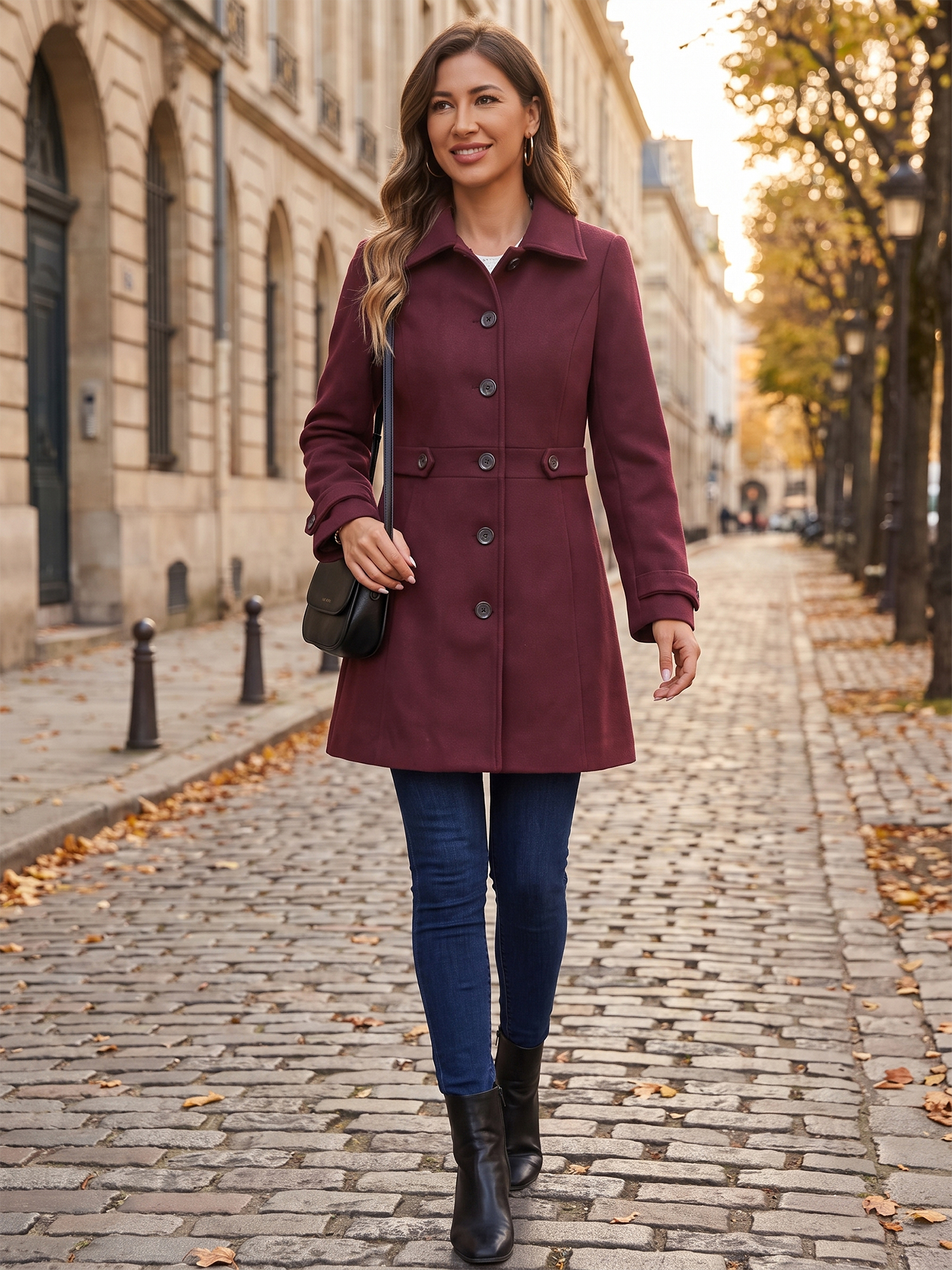 Winter Classic Outwear Overcoat with Pockets Single Breasted Coat Burgundy/L