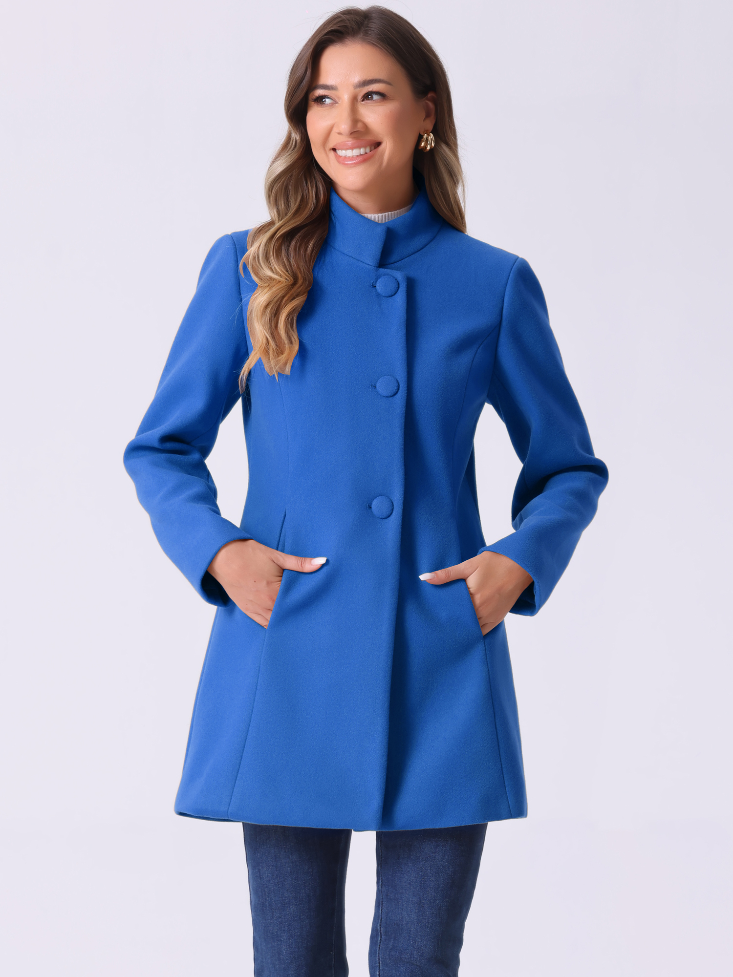 Mid-thigh Stand Collar Single Breasted Long Coat Sea Blue/XS