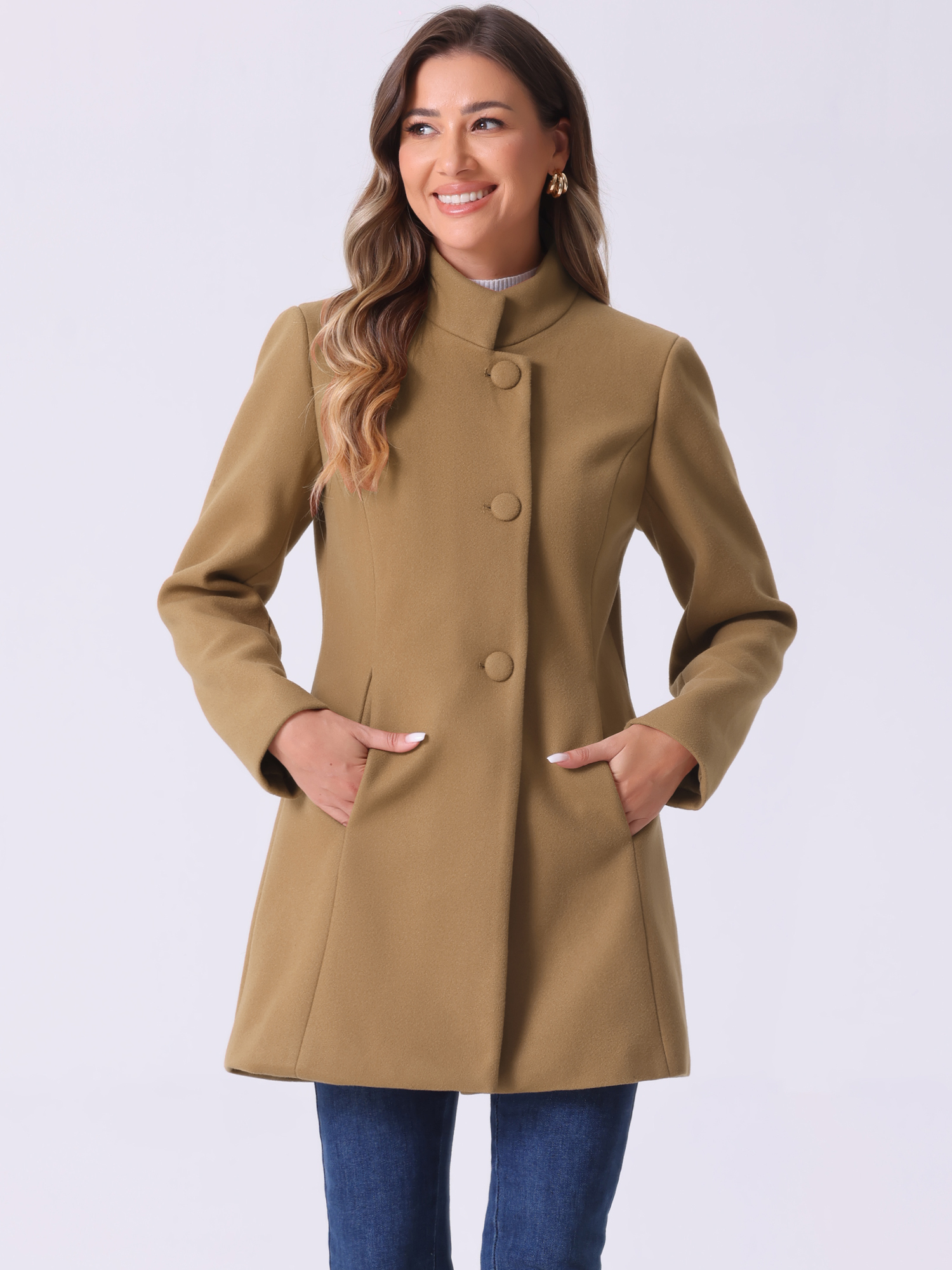 Mid-thigh Stand Collar Single Breasted Long Coat Camel/M