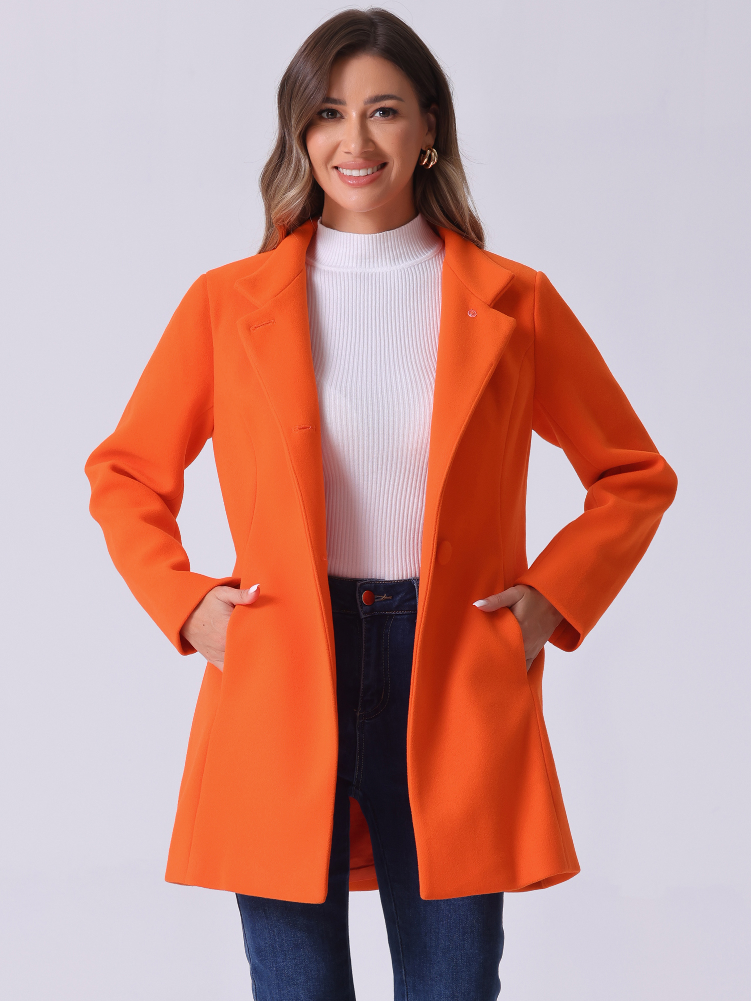 Mid-thigh Stand Collar Single Breasted Long Coat Light Orange/L
