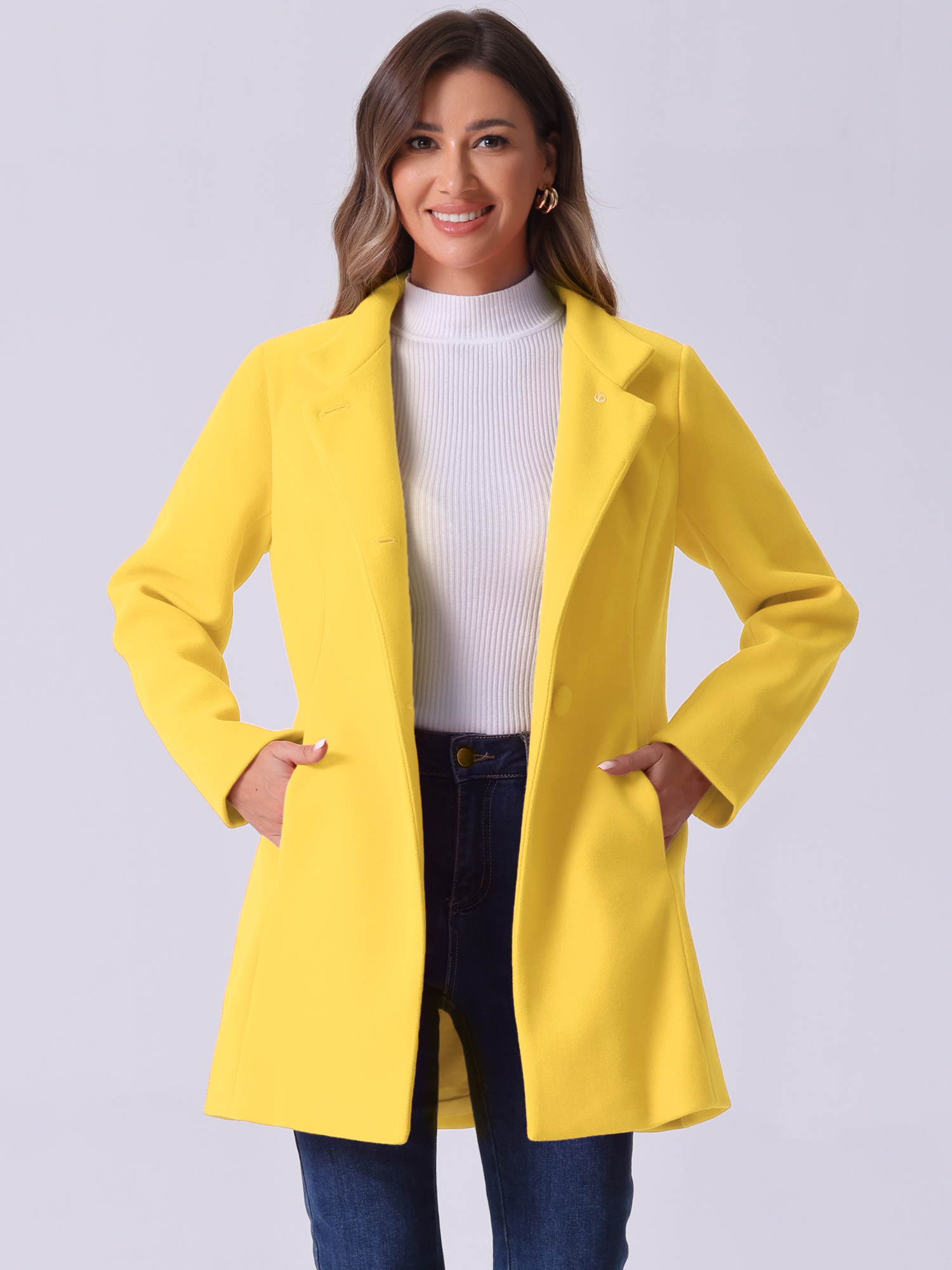 Mid-thigh Stand Collar Single Breasted Long Coat Yellow/L