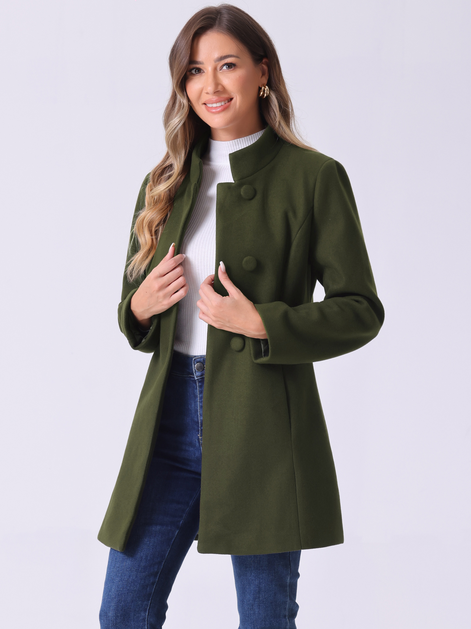 Mid-thigh Stand Collar Single Breasted Long Coat Army Green/M