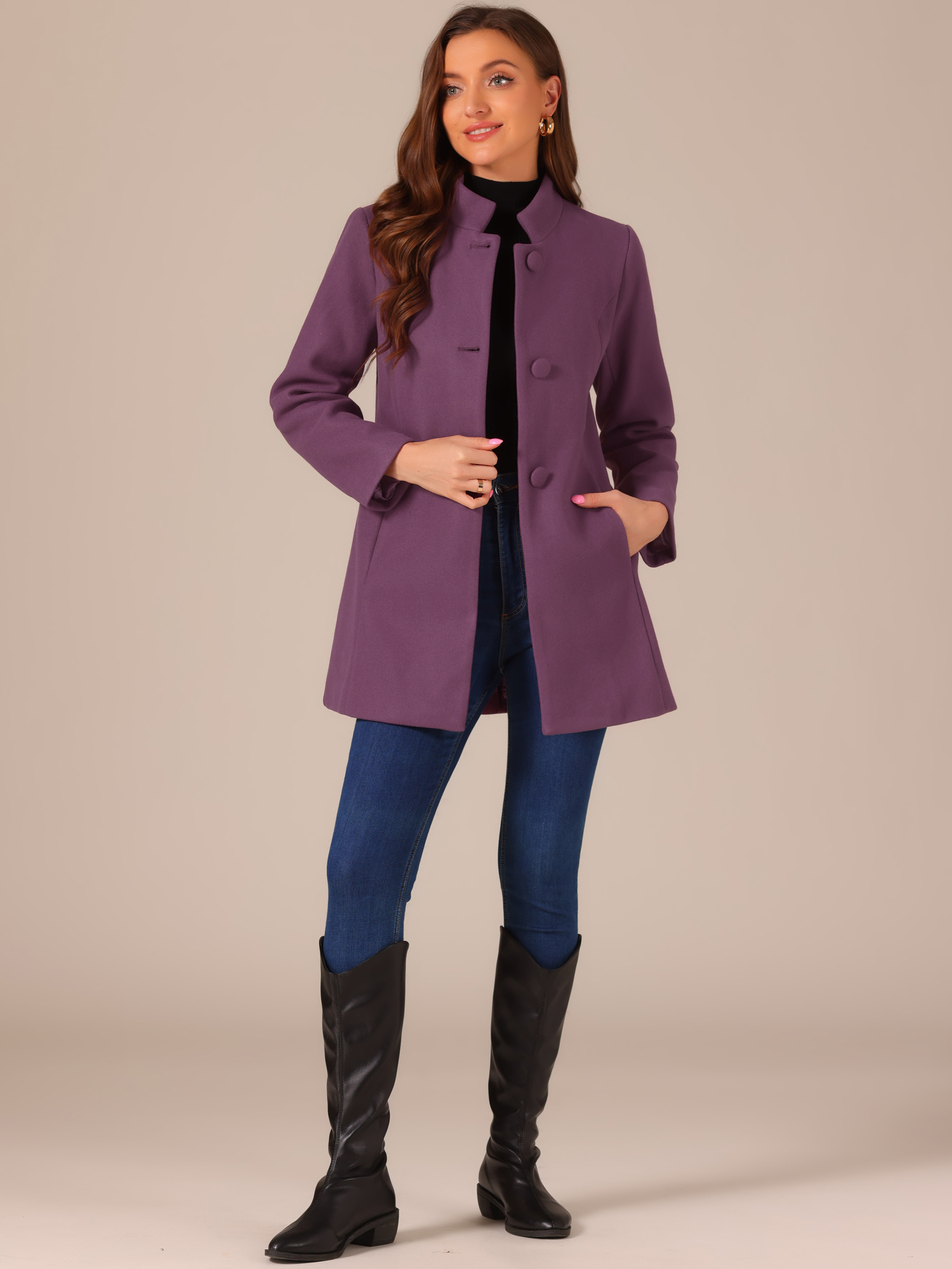 Mid-thigh Stand Collar Single Breasted Long Coat Grey Purple/XS