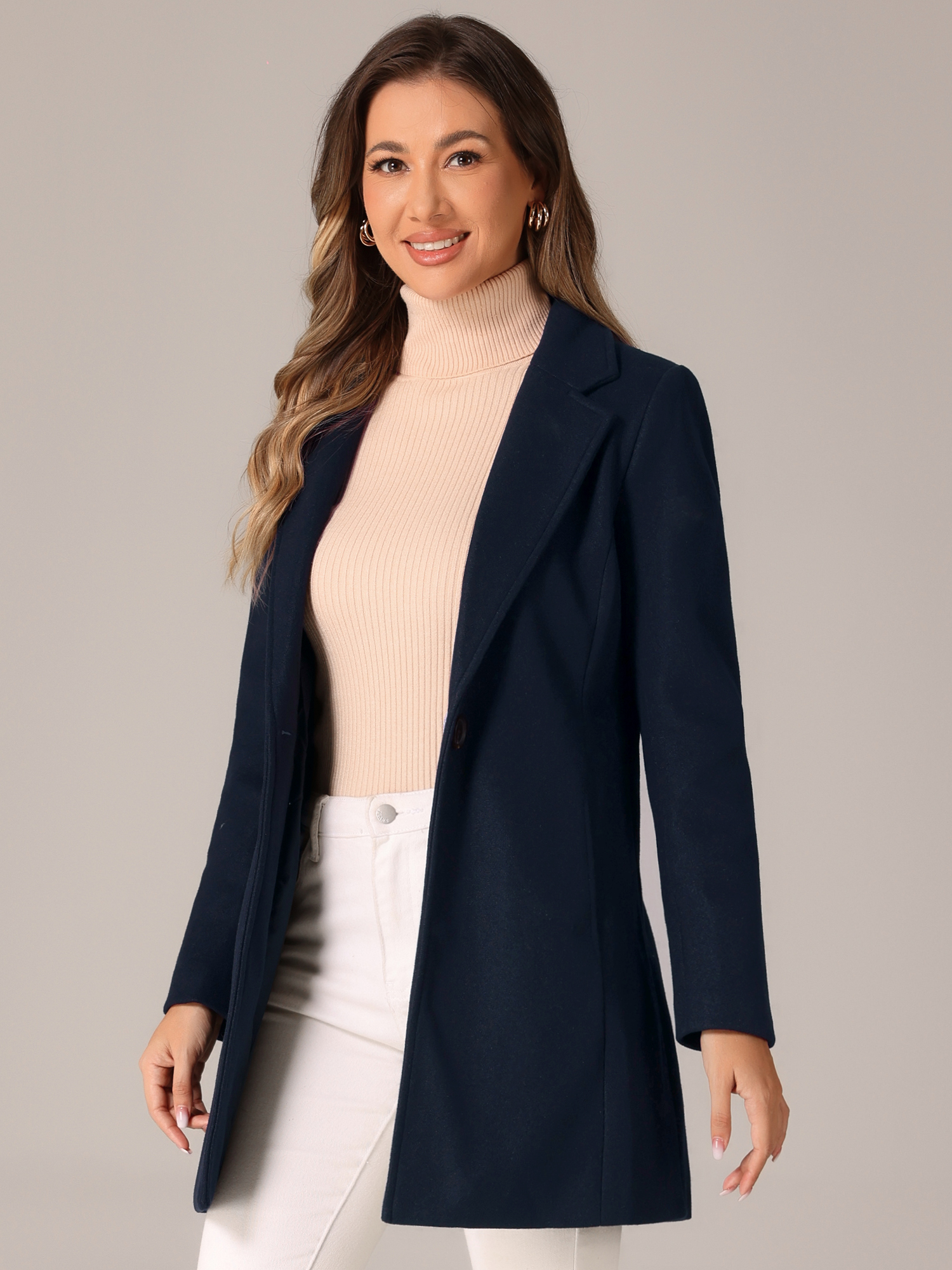 Classic Notched Lapel Long Sleeve Buttoned Coat Deep Blue/M