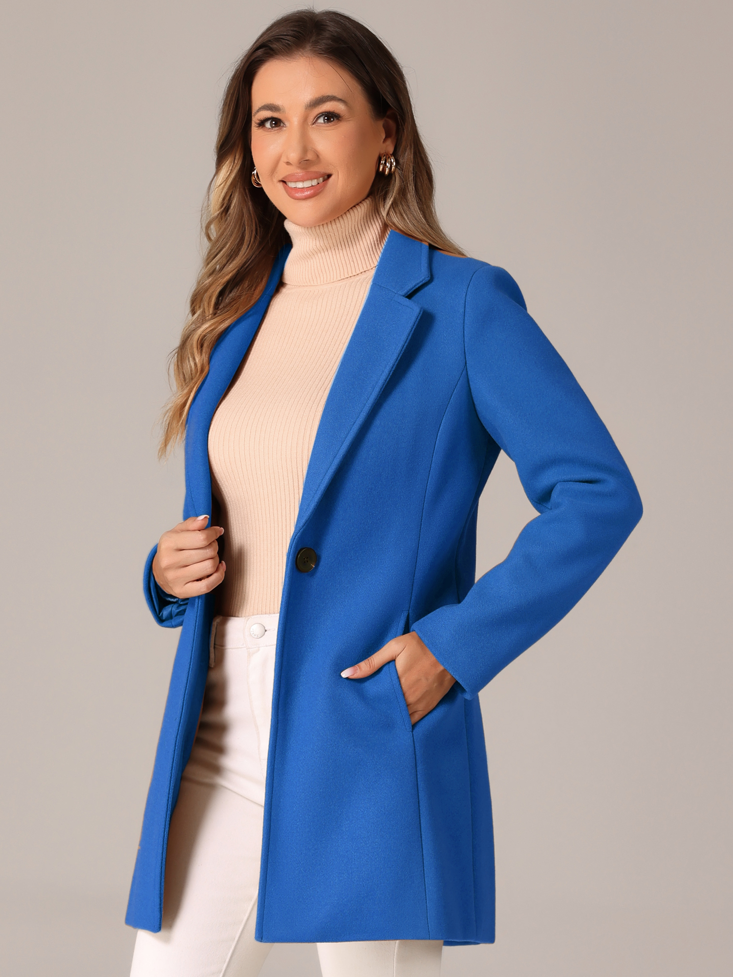Classic Notched Lapel Long Sleeve Buttoned Coat Sea Blue/M