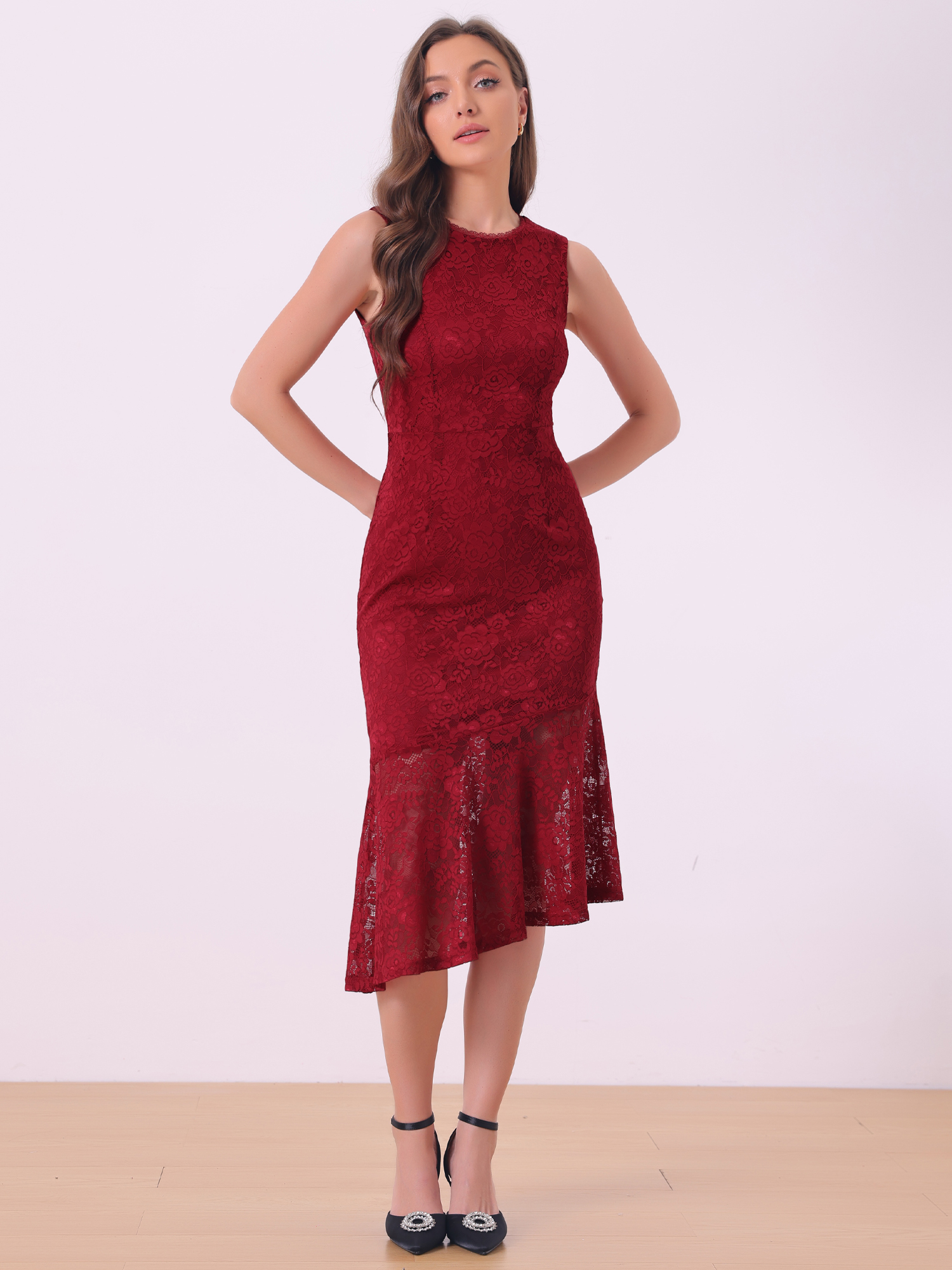 Sleeveless Lace Cocktail Asymmetric Hem Ruffle Sheath Fishtail Midi Dress Red/L