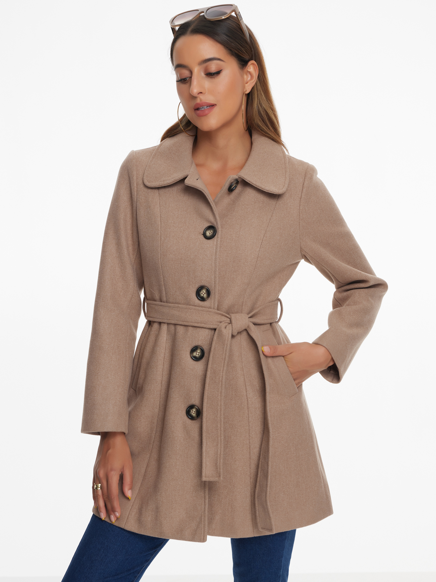 Winter Elegant Lapel Collar Long Trench Coat Light Brown/M