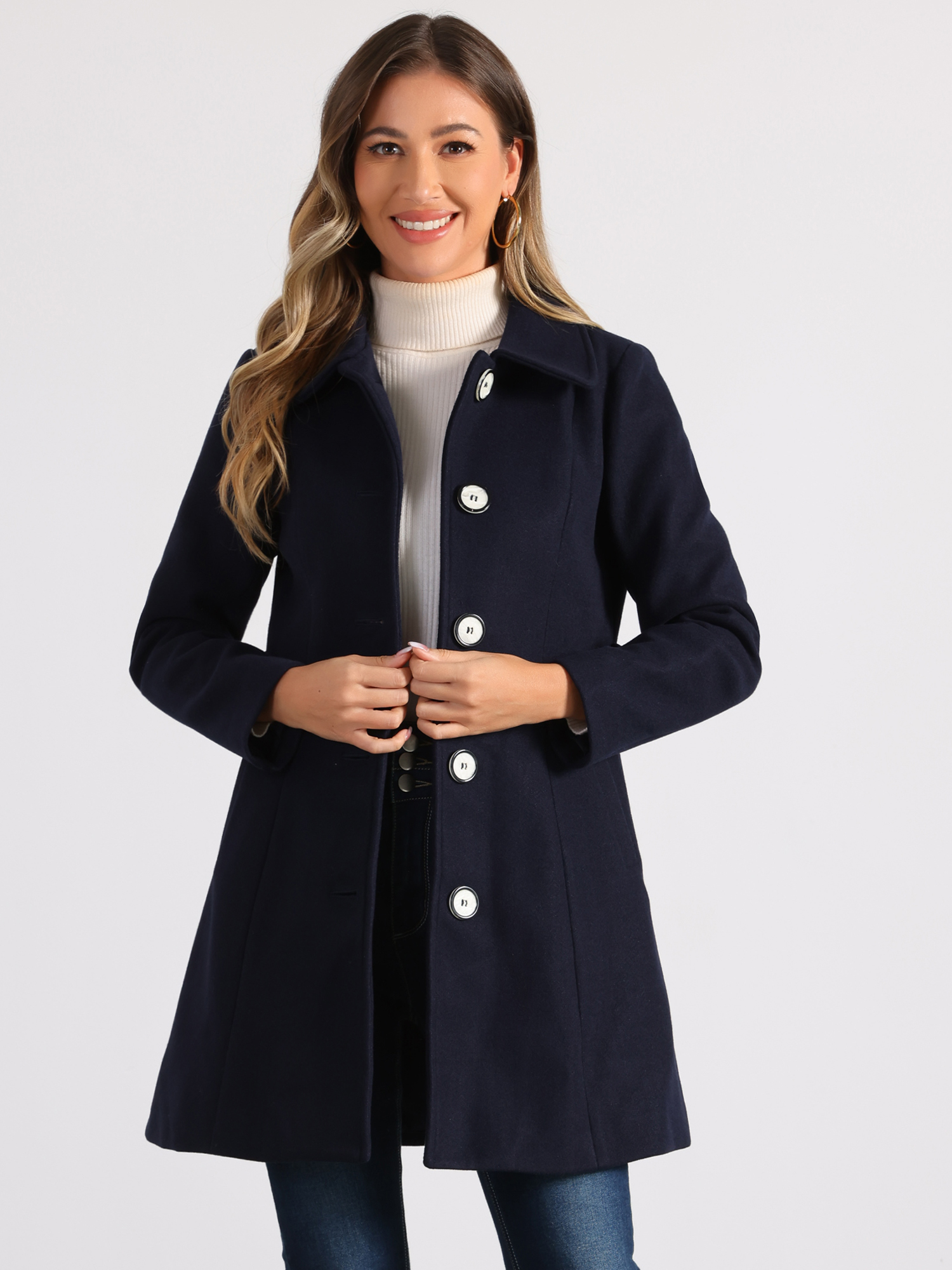 Winter Elegant Lapel Collar Long Trench Coat Dark Blue/S