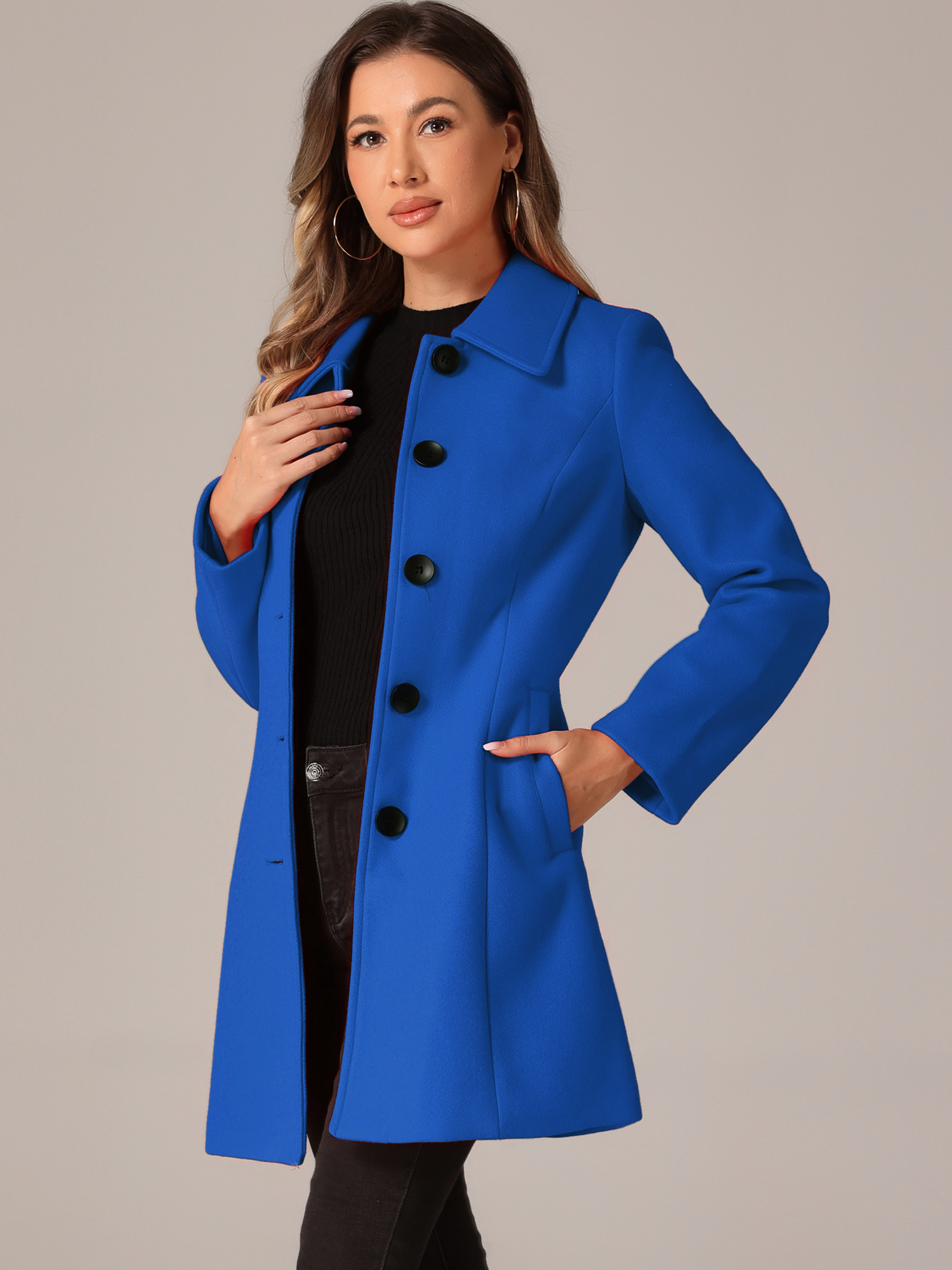 Solid Winter Single Breasted Long Warm Pocketed Pea Coat Blue/S