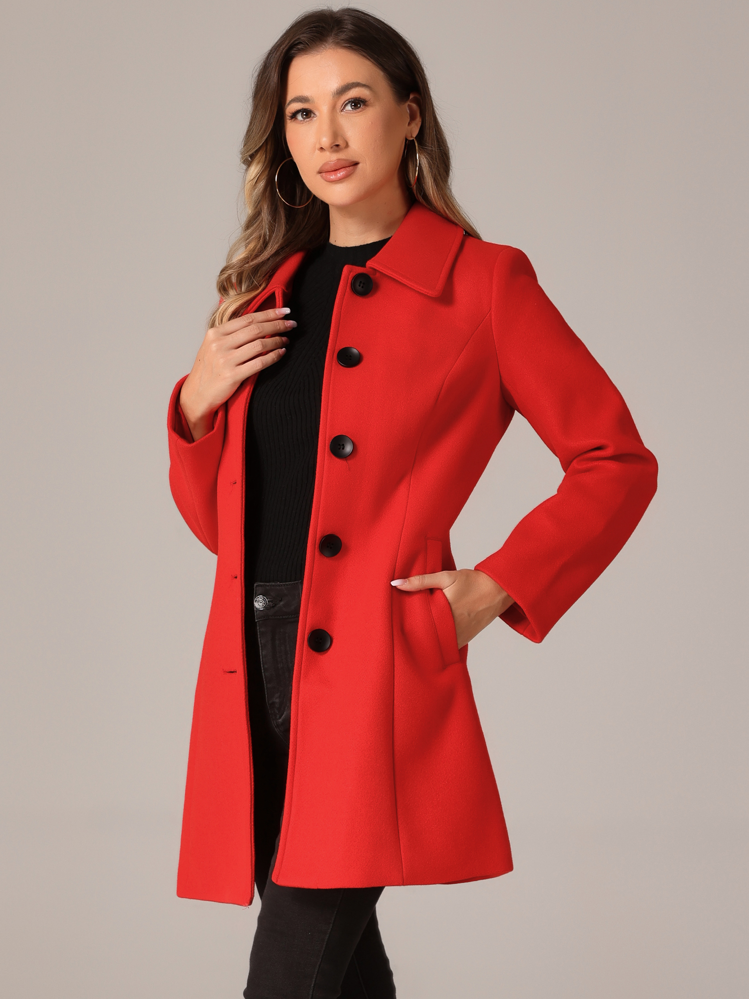 Solid Winter Single Breasted Long Warm Pocketed Pea Coat Red/L