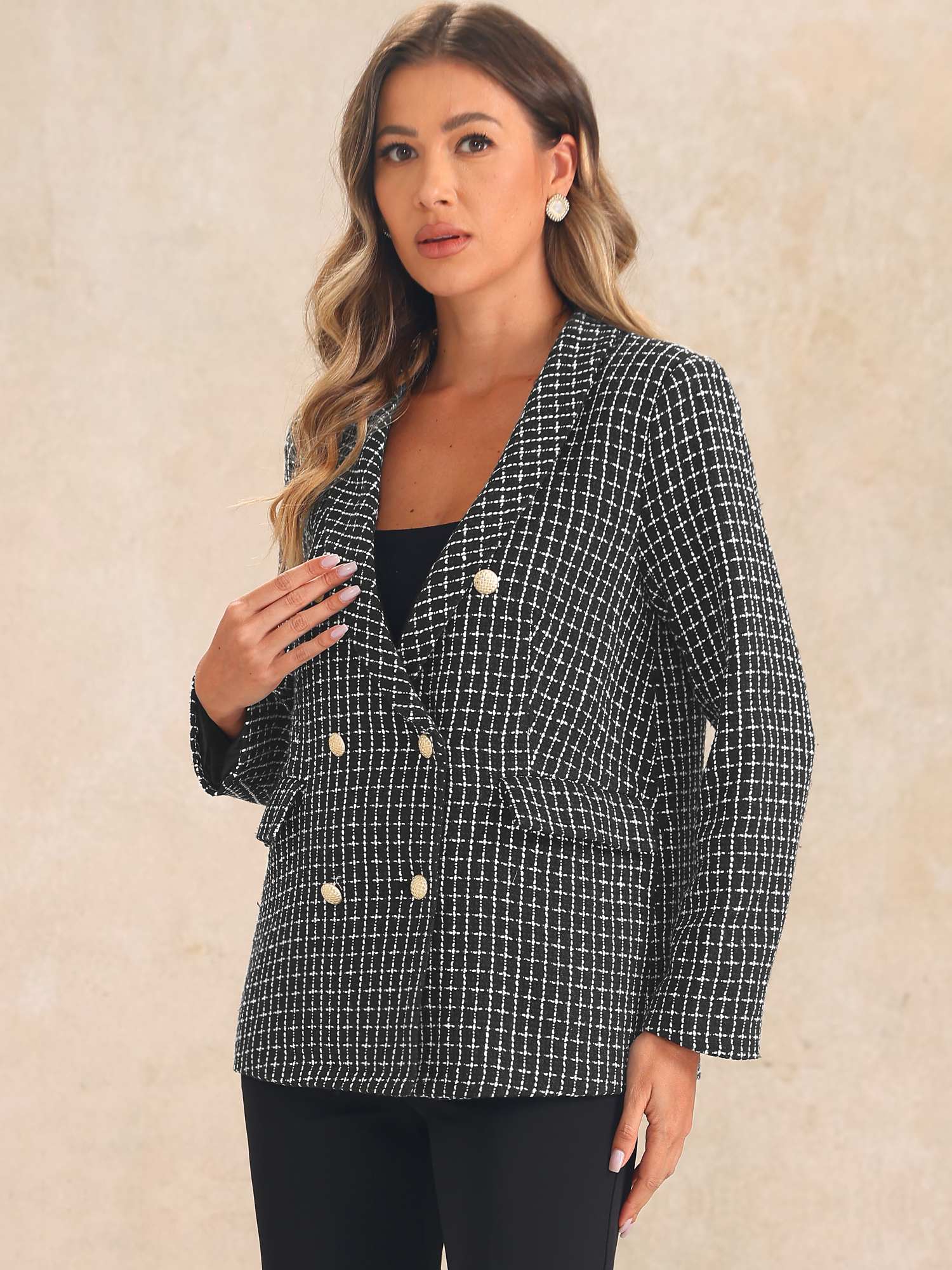 Tweed Shawl Lapel Button Front Plaid Jacket Blazer Black/XS